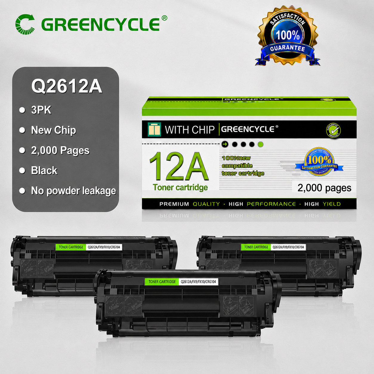 GREENCYCLE 3PK Q2612A 12A BK Toner Cartridge Fits for HP LaserJet 1012 1020 3020