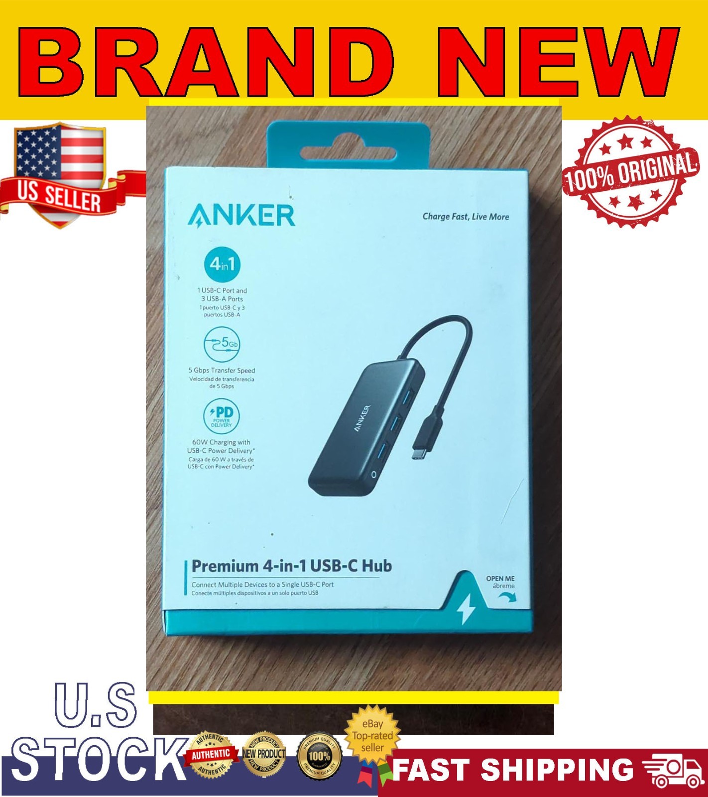 Anker 4-in-1 Premium USB-C Hub 5Gbps Transfer 60W Charging Multiport New