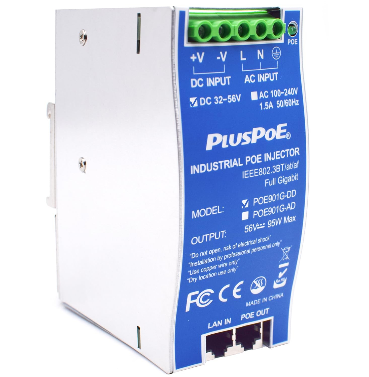 Industrial Gigabit PoE++ Injector, IEEE 802.3BT/at/af Compliant, PoE (15.4W)