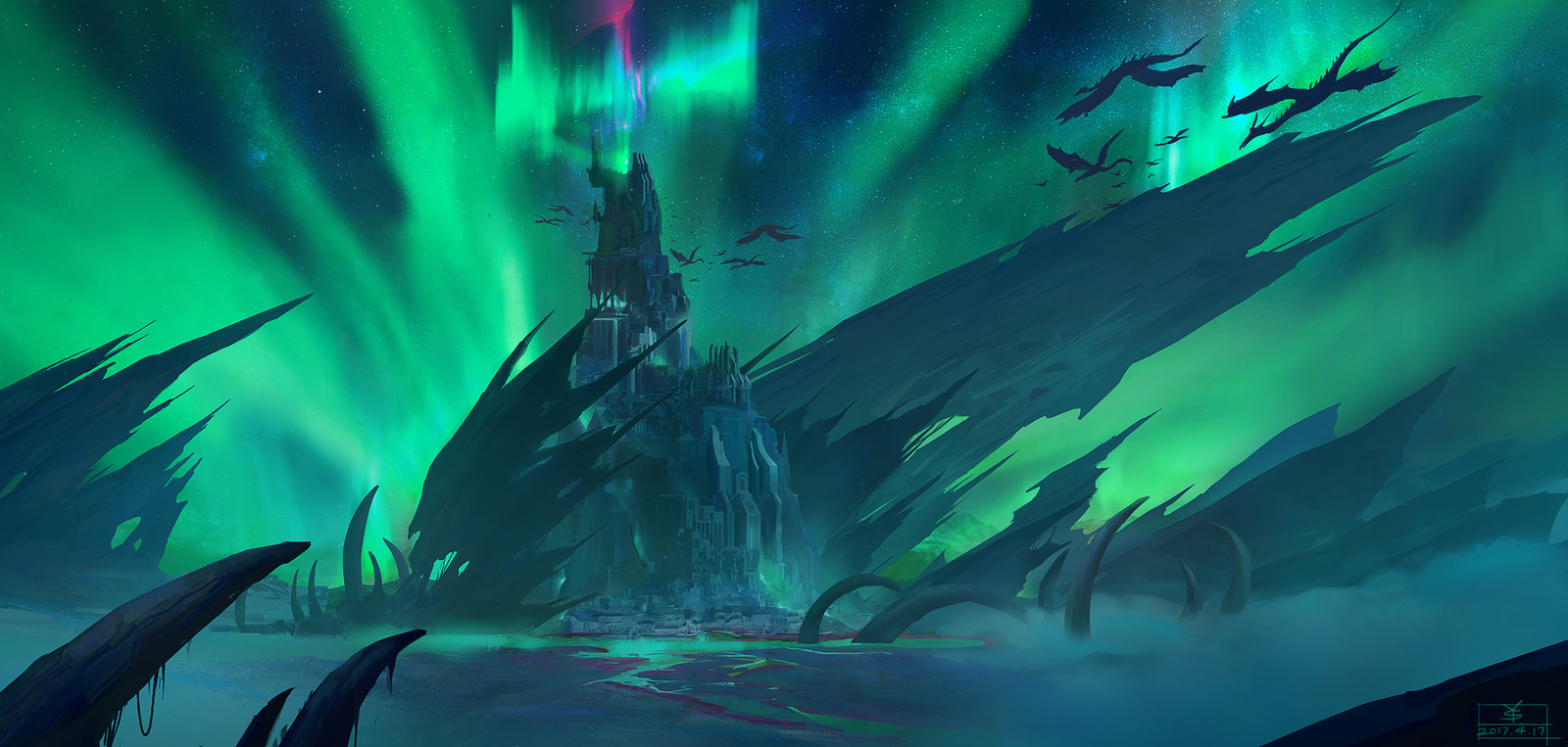 Landscape sy37 art fantasy aurorae castle ice Custom Gaming Mat Desk