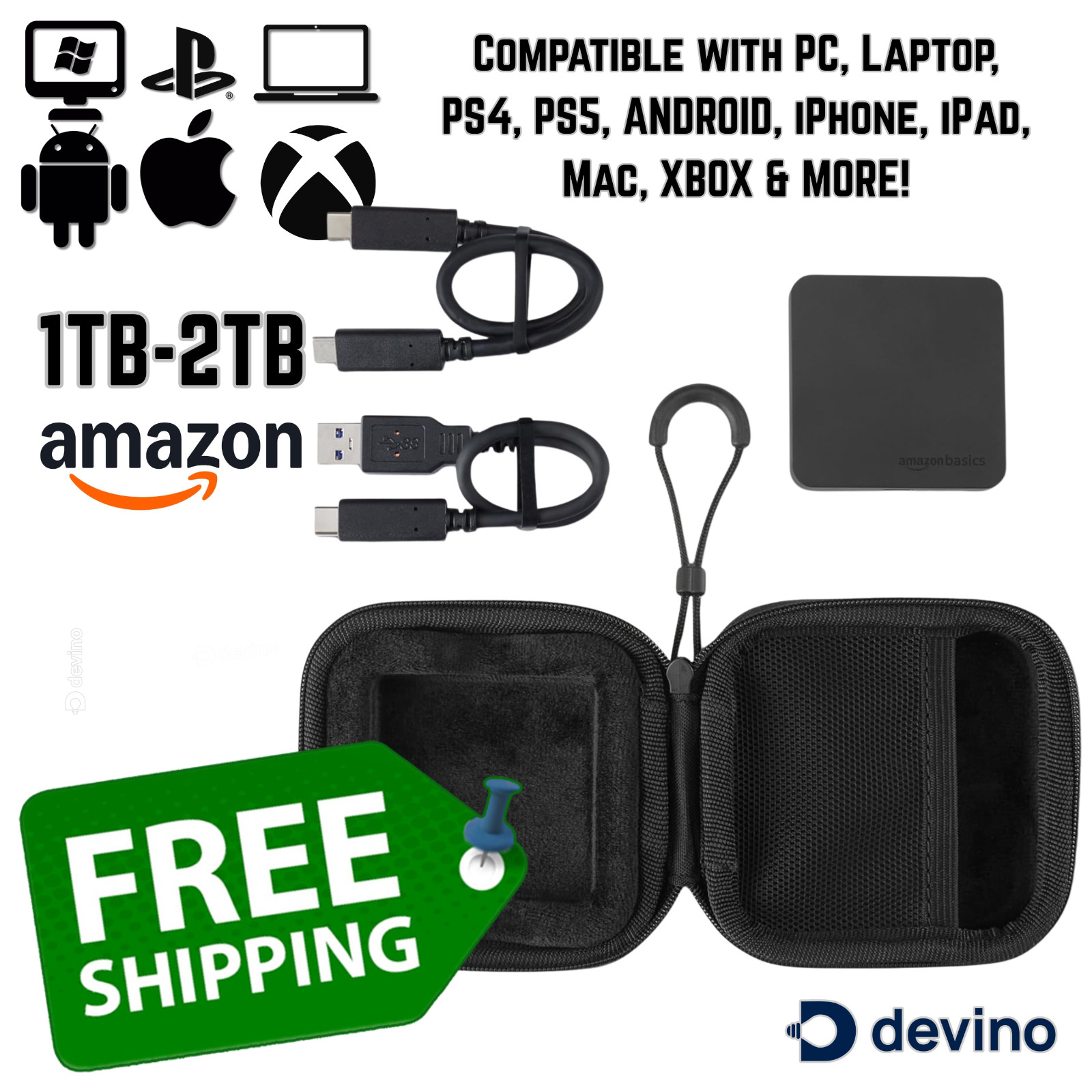 Amazon Portable 1TB 2TB External SSD Water Dust Resistant 2000MB/s + Case PC iOS