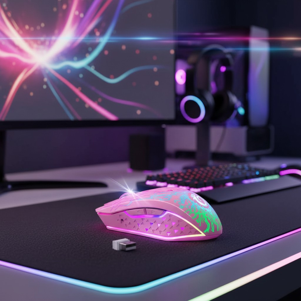 Rechargeable 2.4G Wireless Gaming Mouse - 3 Level DPI, Pink with Colorful LEDs