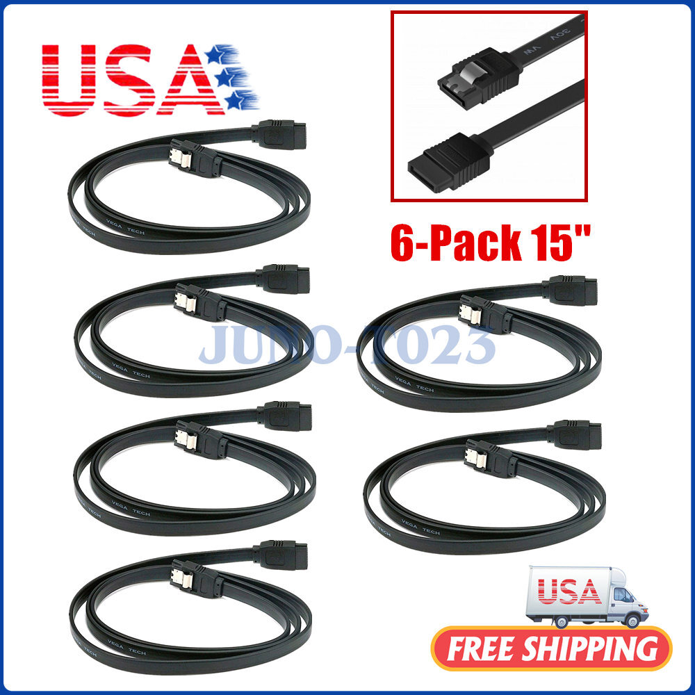 6x Pack 15'' SATA III Cables Straight to Straight Angle SSD HDD Hard Drive Black