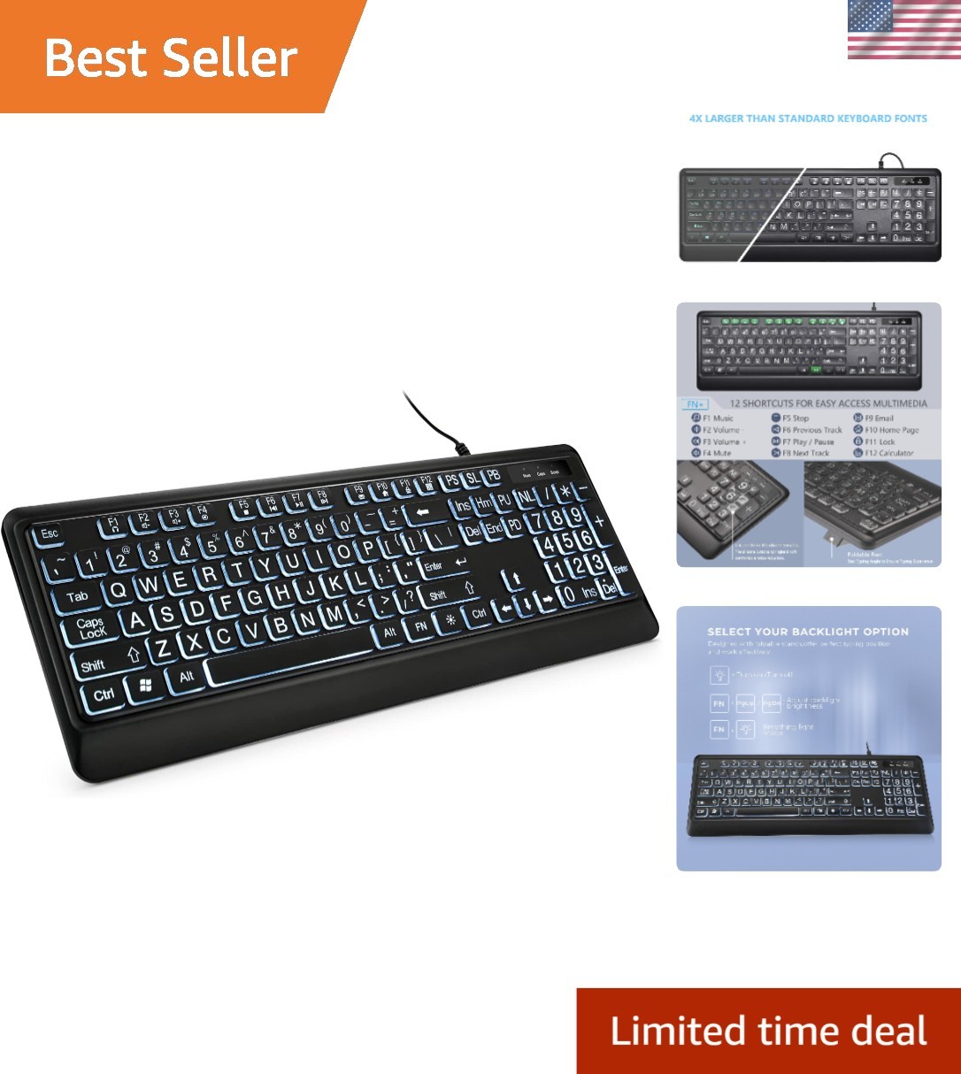 Ergonomic Full-Size Backlit Keyboard - USB Wired, Large Print, Waterproof Design