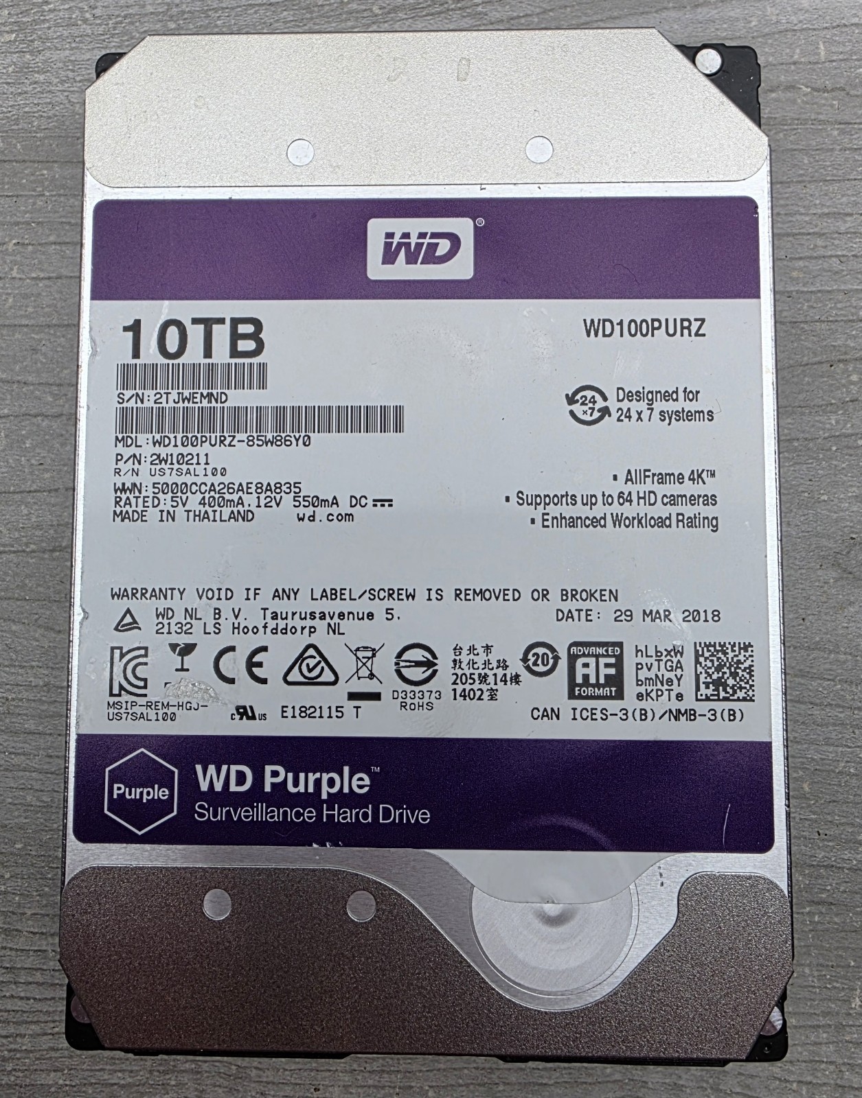Western Digital Purple WD100PURZ 10TB SATA Surveillance