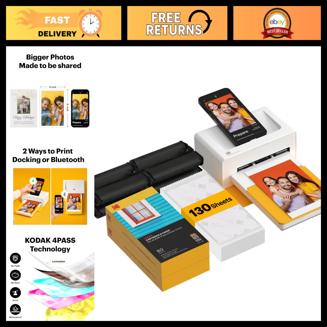 4x6 Photo Printer with Smartphone Dock, 4PASS Technology, 130 Sheets Included