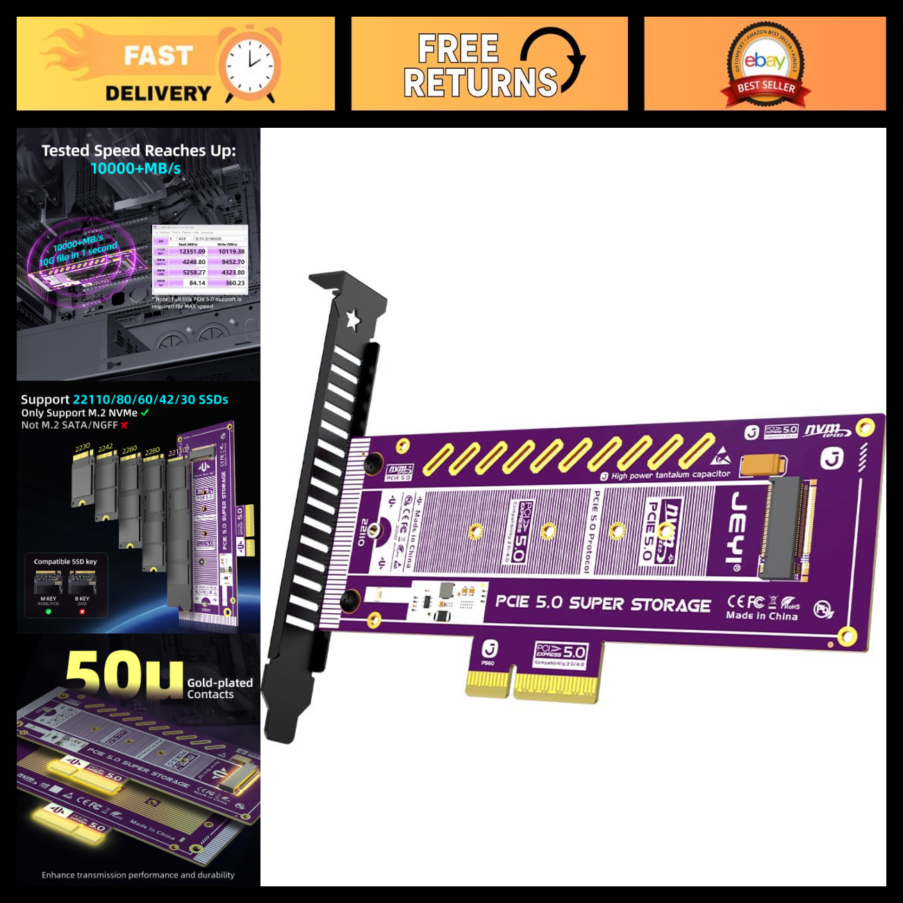 PCIe 5.0 4X to M.2 NVMe Adapter Card for Gen5 SSDs - 128Gbps High-Speed Transfer
