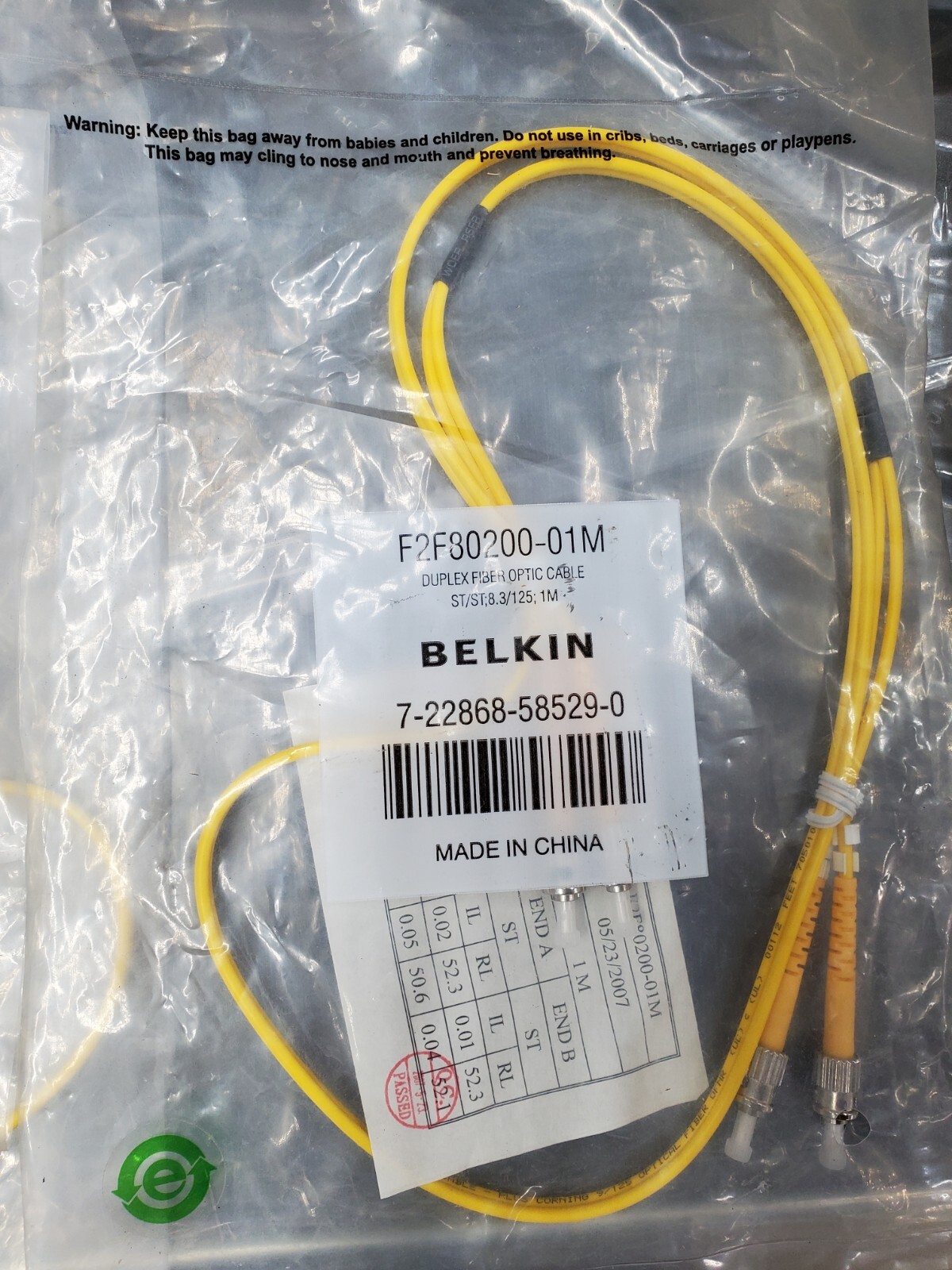 Belkin Fiber Optic Cable F2F80200-01M - 8.3/125 - 1M- ST / ST - NEW *1 Cable*