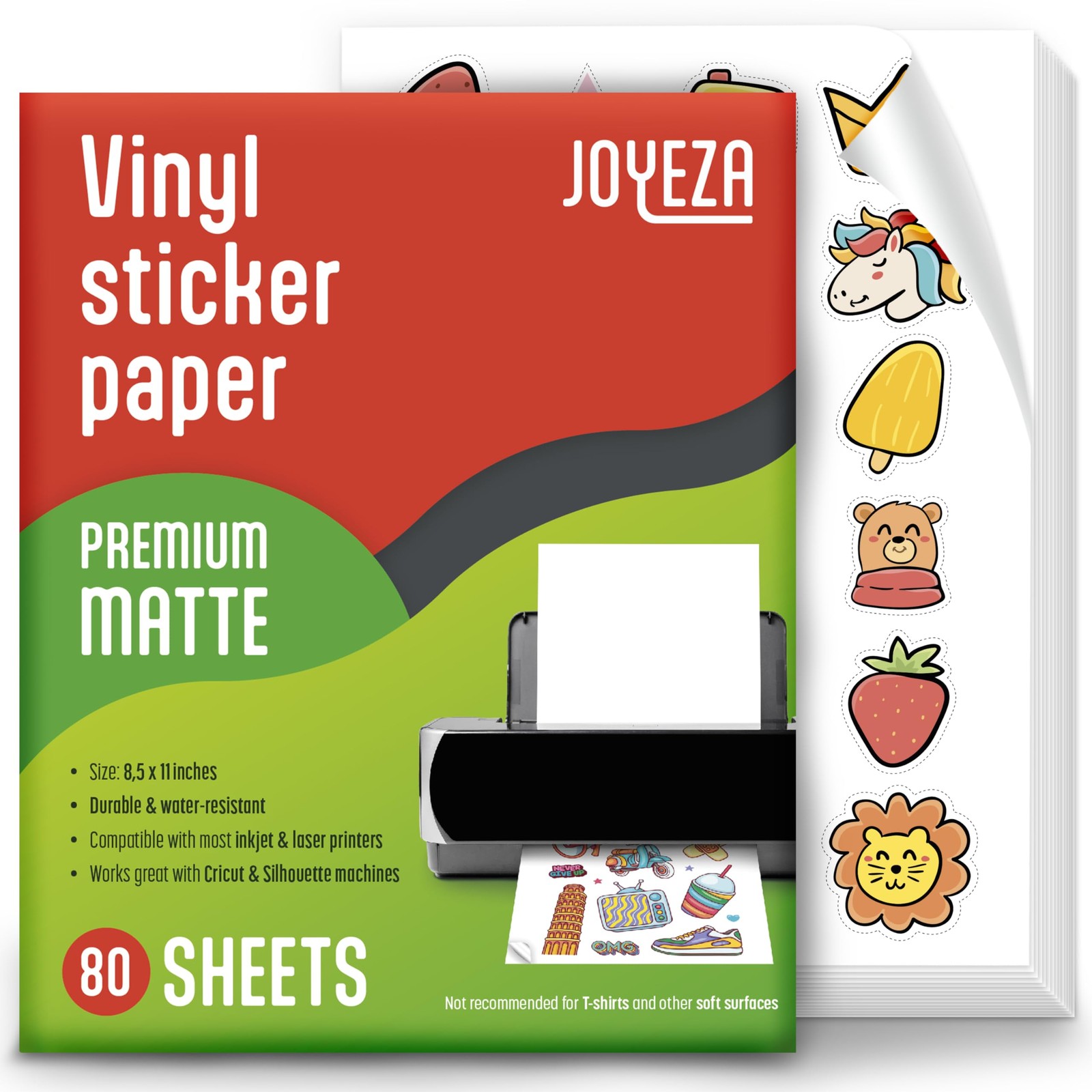 JOYEZA Premium Printable Vinyl Sticker Paper for Inkjet Printer - 80 Sheets M...