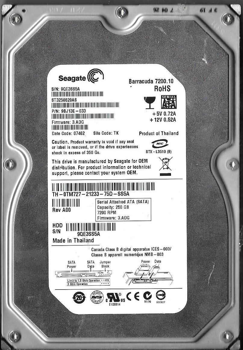 Seagate ST3250820AS 250GB Sata Hard Drive P/N: 9BJ13E-033 F/W: 3.ADG  9QE  TK