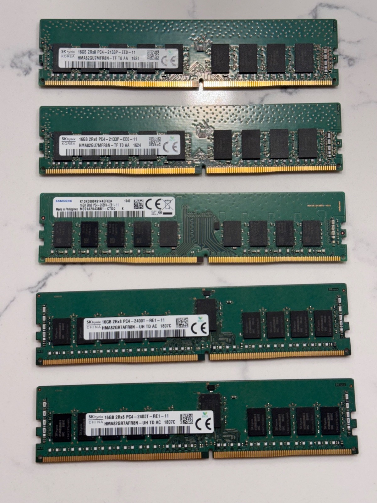 LOT OF 5 16GB DDR4 ECC RAM 80GB Hynix Samsung 2133 2400 2666 UDIMM RDIMM