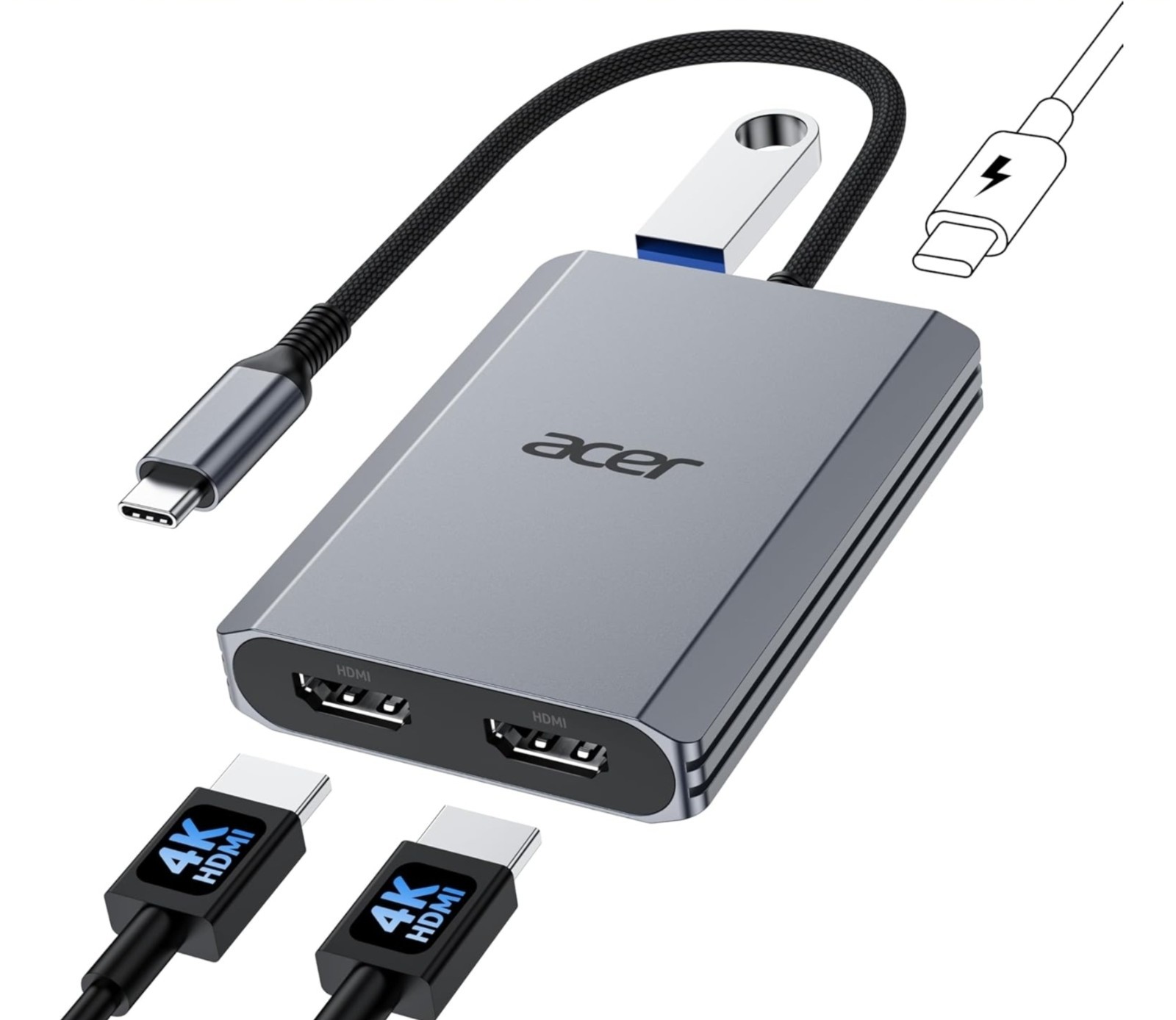 Acer USB C to Dual HDMI Adapter 4K@60Hz, 4-in-1 HDMI Splitter for Dual Monitors