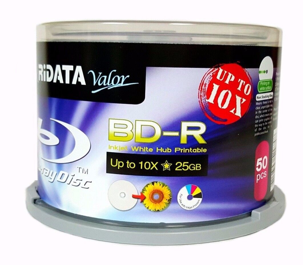 200 RIDATA Valor BluRay Up to 10X Blank BD-R 25GB White Inkjet Printable Disc