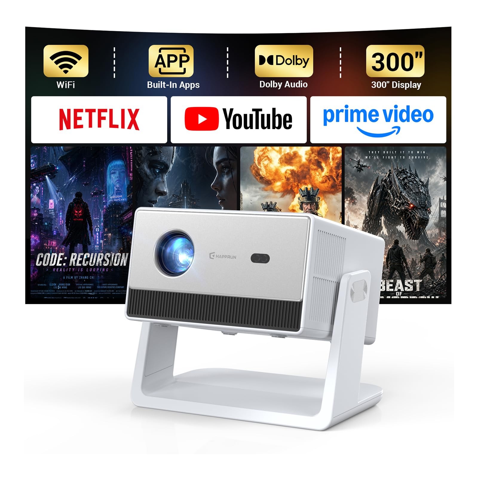 HAPPRUN 1500 ANSI Portable Projector with Built-in Streaming Apps White