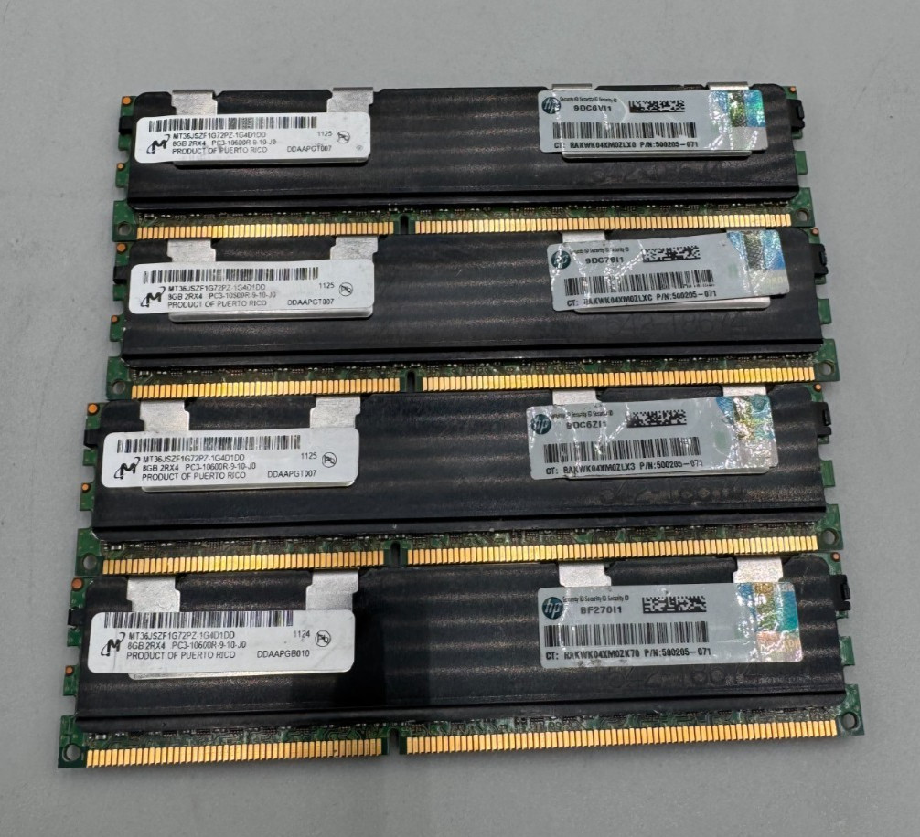 Lot Of 4 MICRON 32GB DDR3 PC3 4x8GB 10600R MHz Server Memory Module B