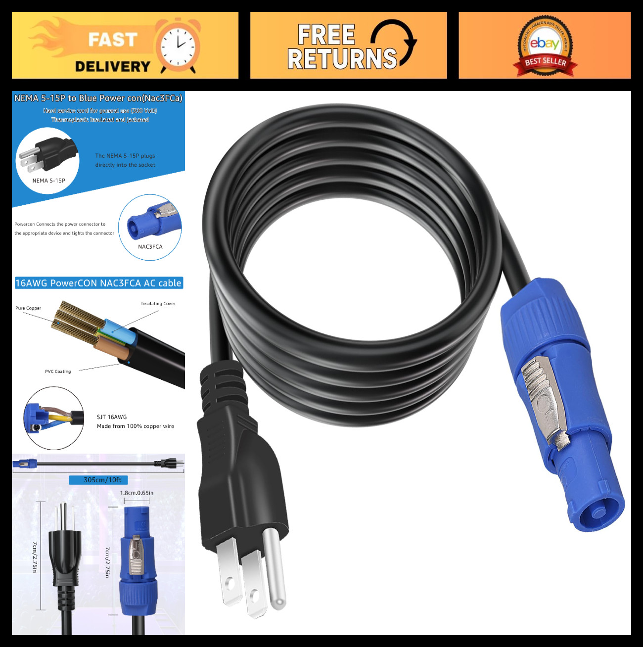 3-Prong Power Cable 20A 3 Pin PowerCON to NEMA 5-15P Connector Cord 10FT 16AWG