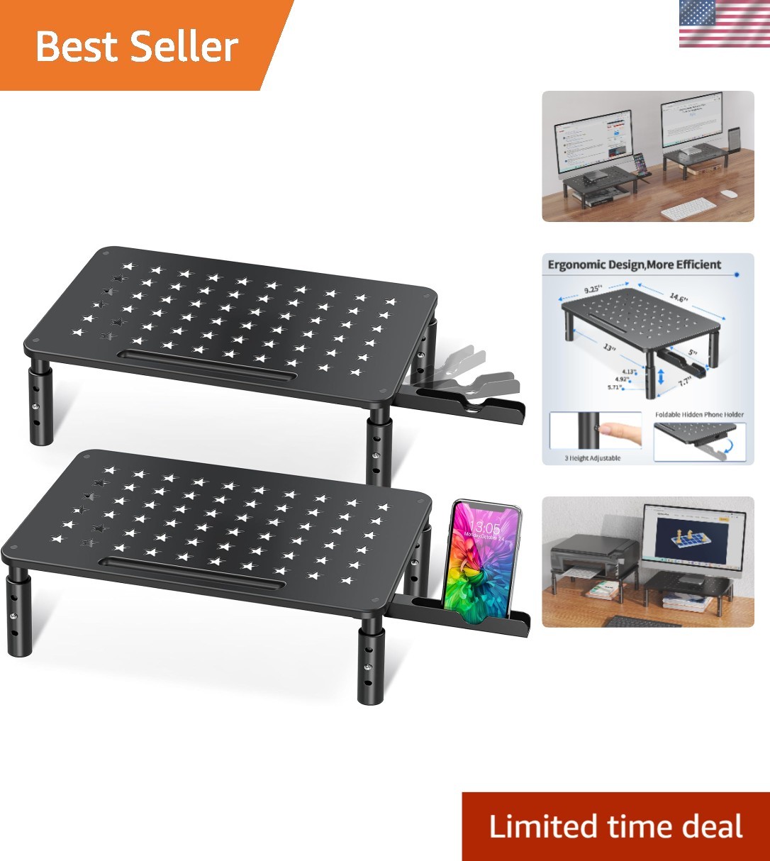 Dual Pack Monitor Stand - Ergonomic 3 Height Adjustable with Retractable Holder