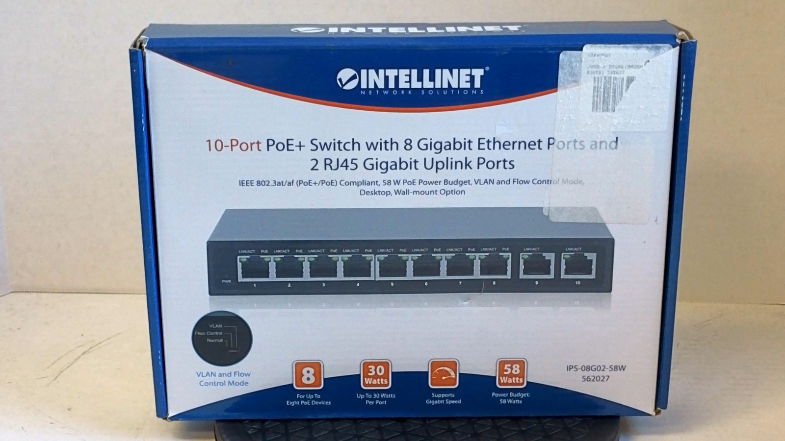 Intellinet 562027 IPS-08G02-58W 10-Port PoE+ Switch *READ NO POWER SUPPLY