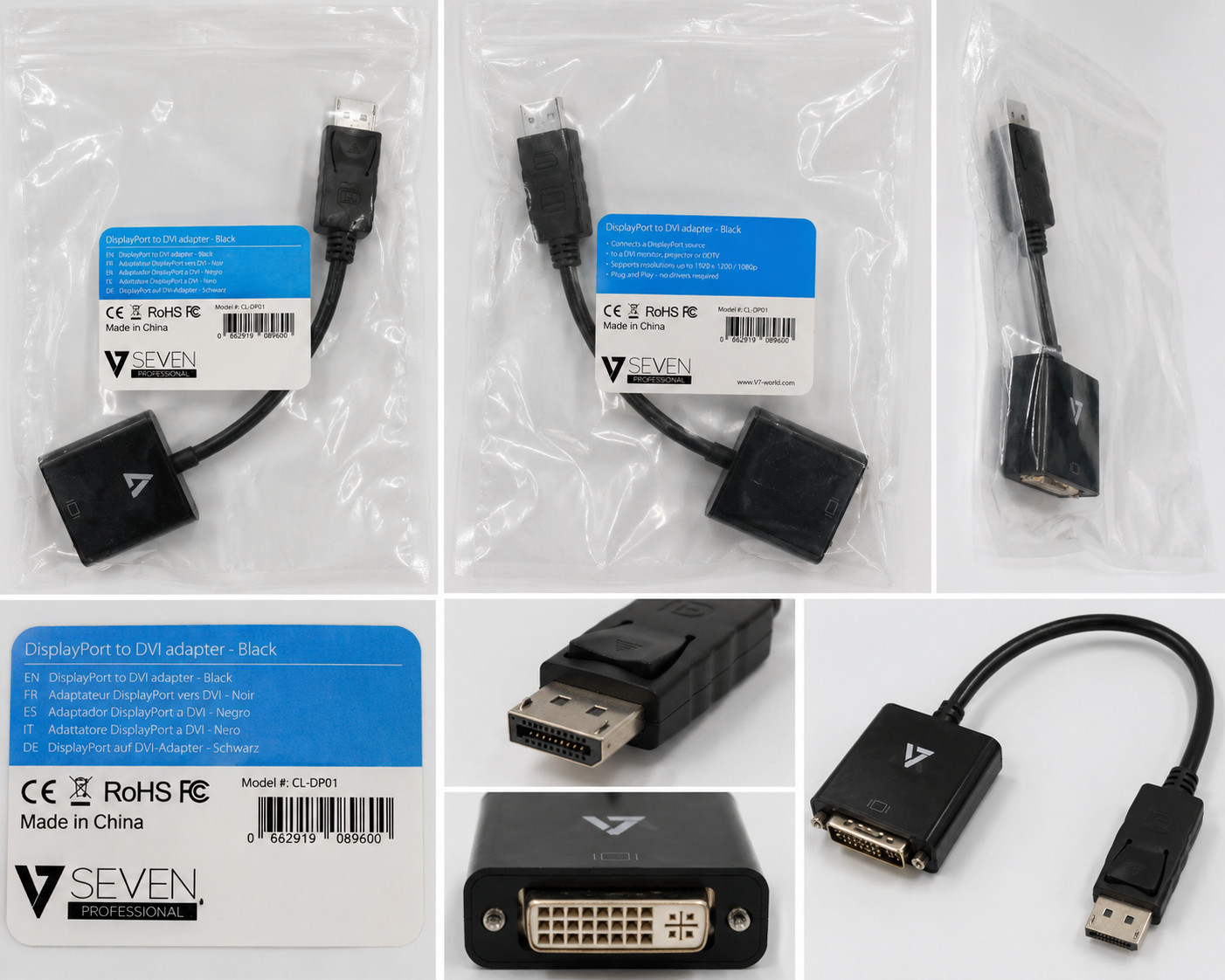 V7 DisplayPort to DVI Adapter Black DisplayPort Male to DVI Female New