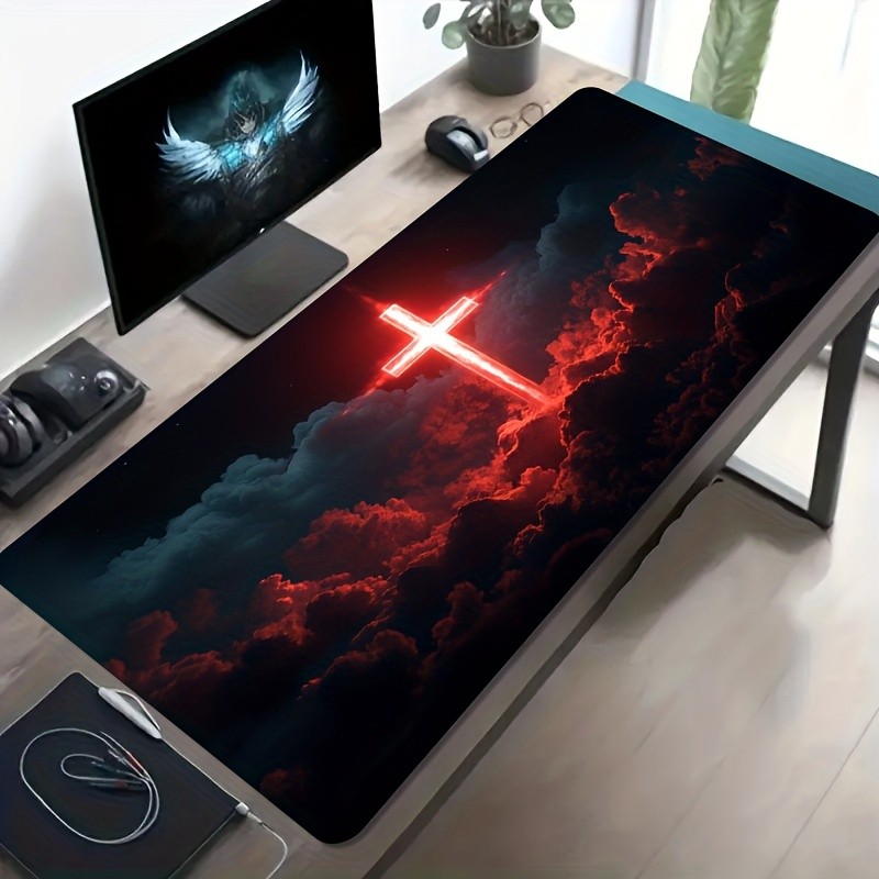 Large E-Sports Gaming Mouse Pad, with Red Luminous Cross And Cloud Pattern, No