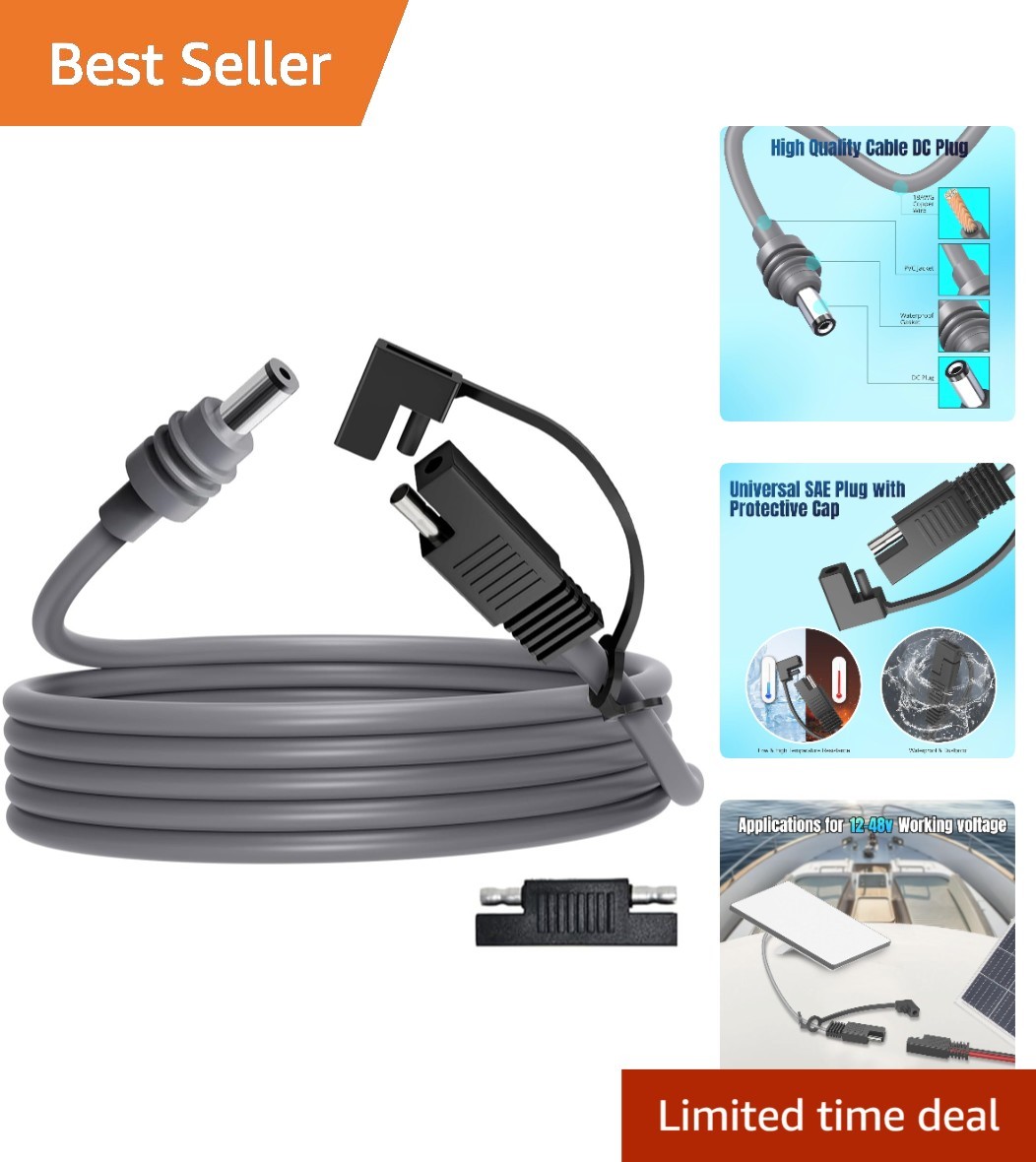 9.8FT Mini SAE Power Cable - Waterproof Plug for RVs, Boats & Solar Panels