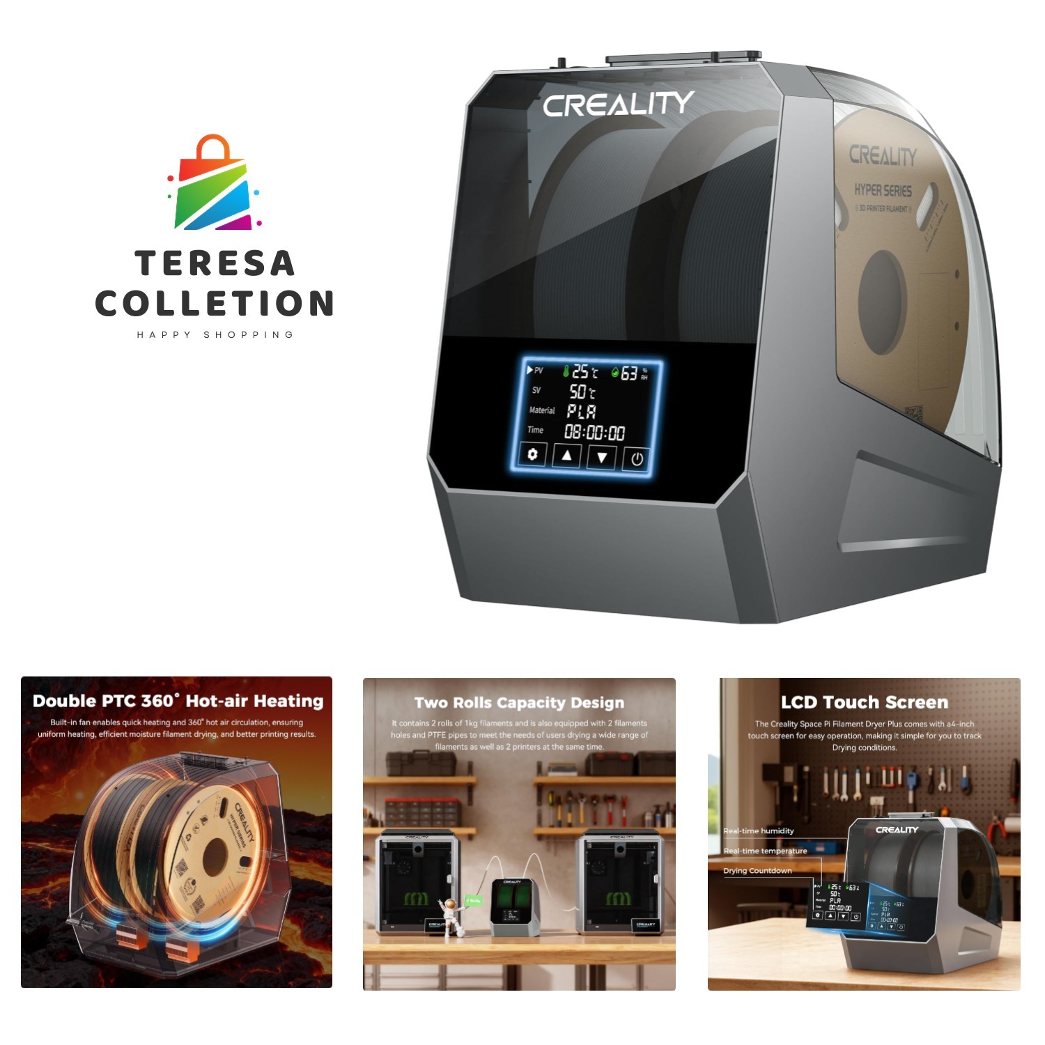 2026 New Official Space Pi Filament Dryer Plus, 2 Spools Double 360° 160W PTC...