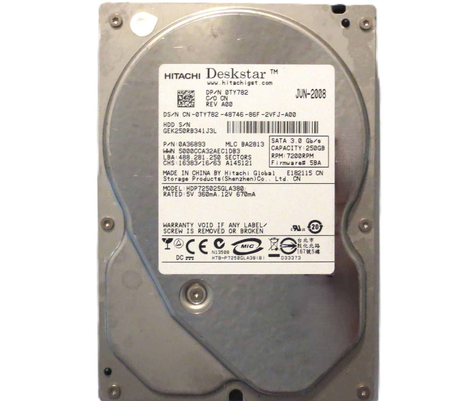 Hitachi HDP725025GLA380 0A36893 BA2813 (GEK) China 3.5" 250gb Sata HDD JUN/2008