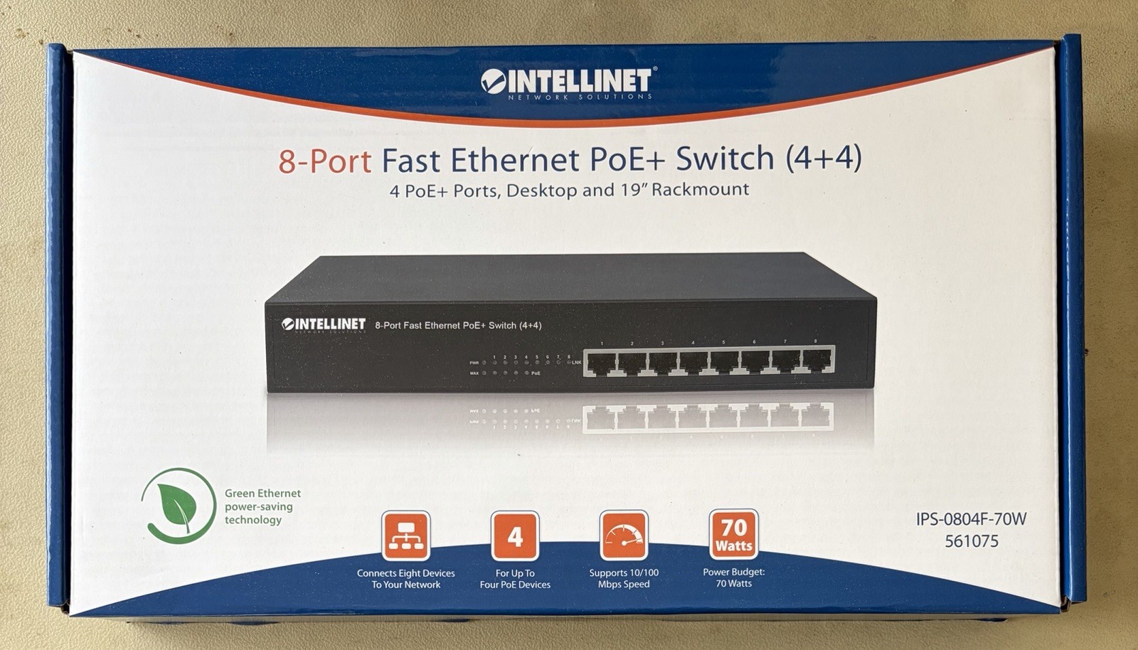 Intellinet Network Solutions 8-Port Fast Ethernet PoE+ Switch (4 + 4) NIB Sealed
