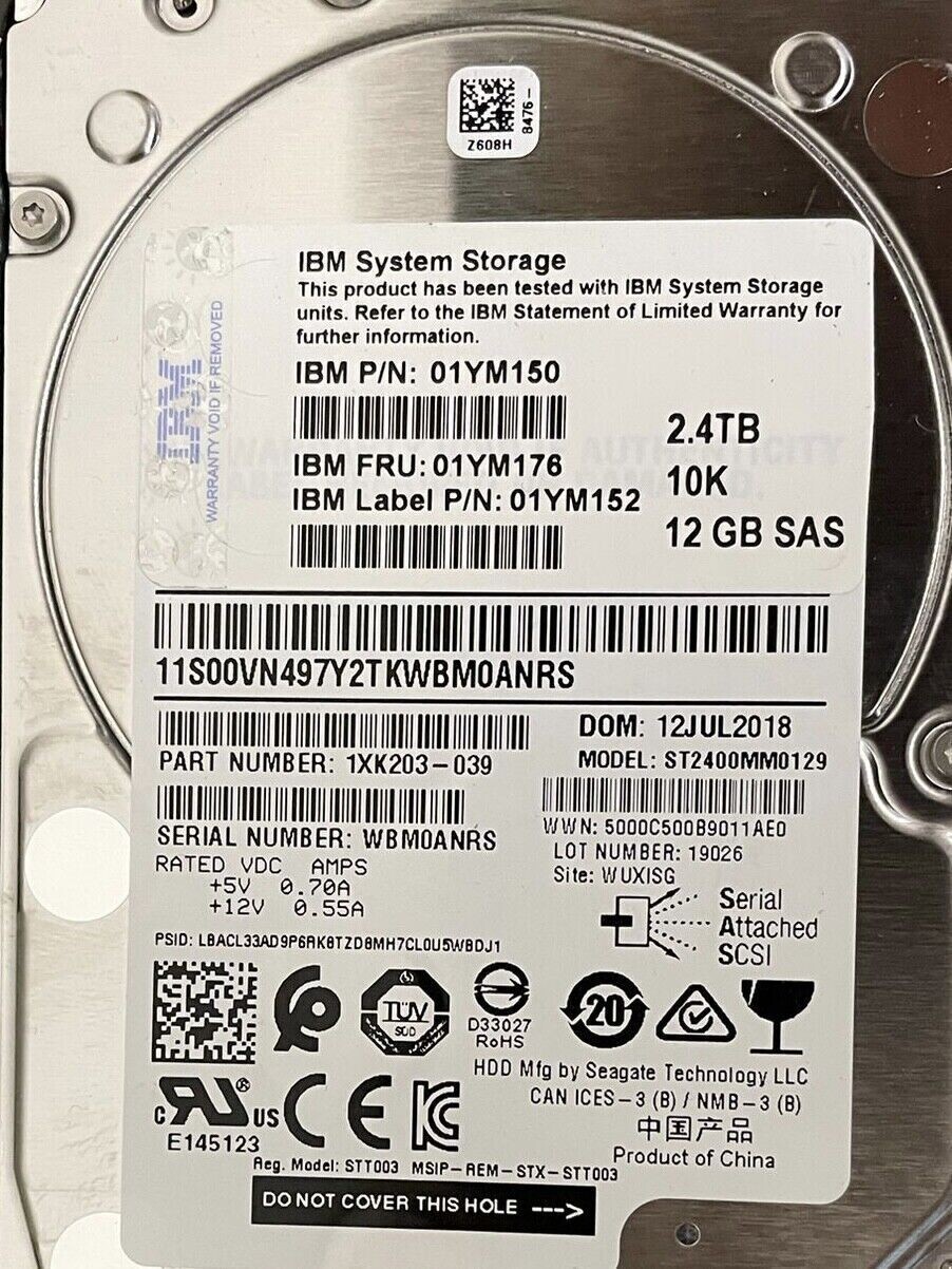 01YM176 01YM150 01YM152 2.4TB 12Gbs SAS 10K HDD IBM V7000 FS7200 Gen2 Gen3