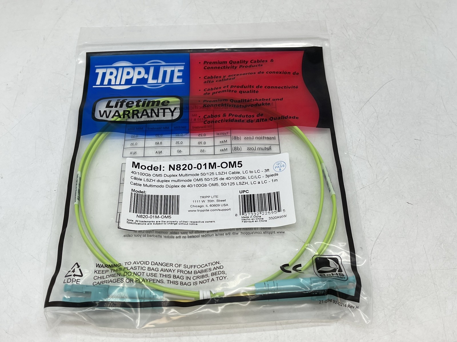 TRIPP LITE N820-01M-OM5 Fiber Patch Cable Male Left Gender Right FREE S/H
