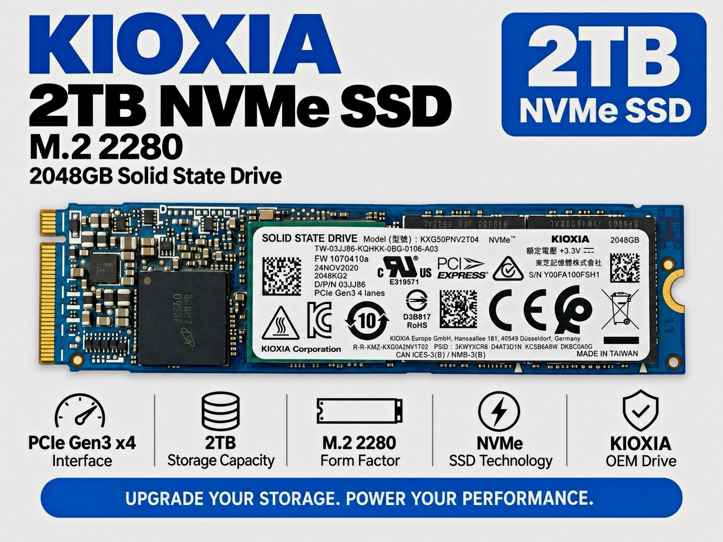 KIOXIA 2TB XG5 NVMe PCIe Gen3 x4 M.2 2280 Internal SSD KXG50PNV2T04