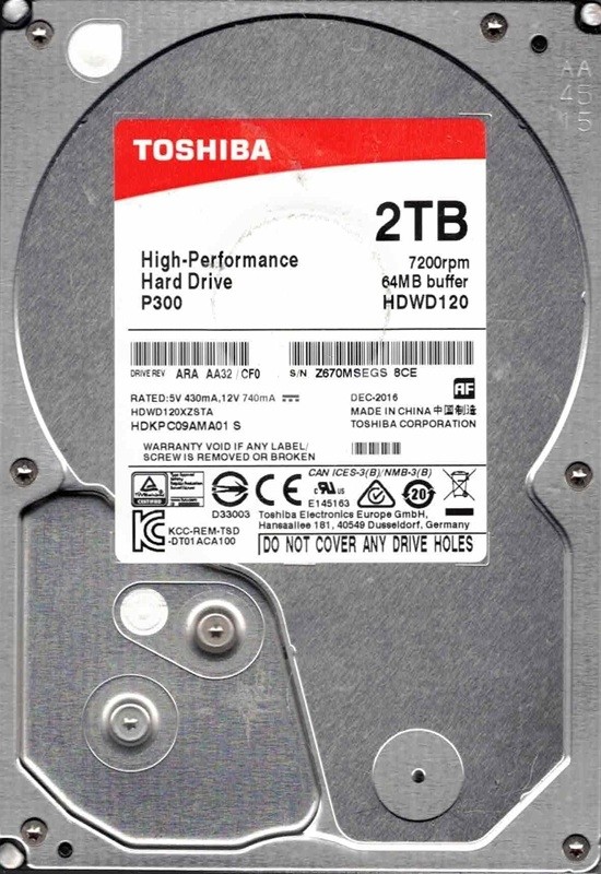 P300 HDWD120 ARA AA32/CF0 HDKPC09AMA01 S DEC 2016 Toshiba 2TB
