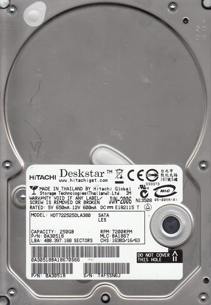 HDT722525DLA380 mlc: BA1867  pn: 0A30518 Hitachi 250Gb SATA D2-05