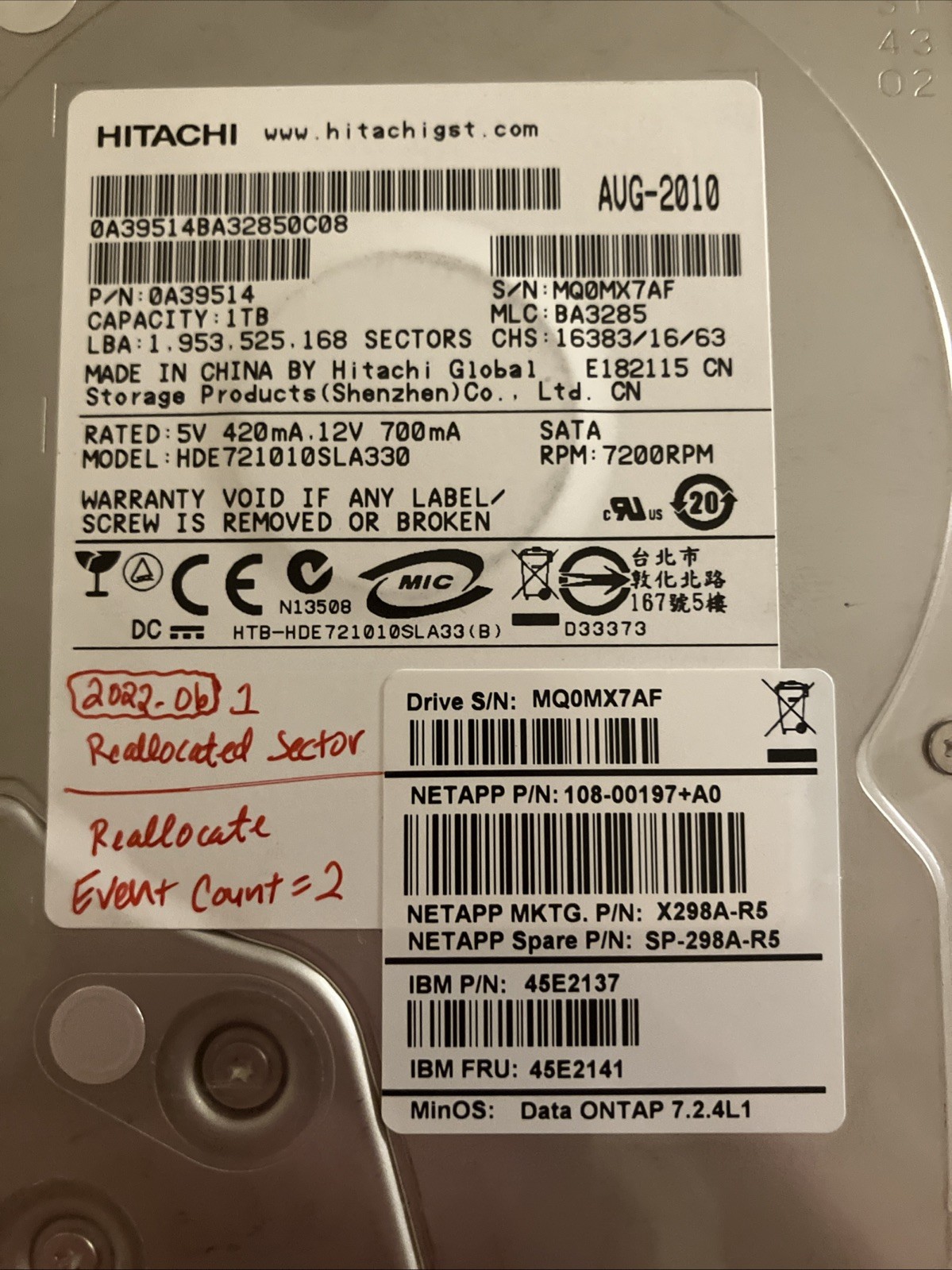 NetApp X298A-R5 1TB 7.2 SATA Hard Drive IBM 45E2141 45E2137 Hitachi 0A39514 7200
