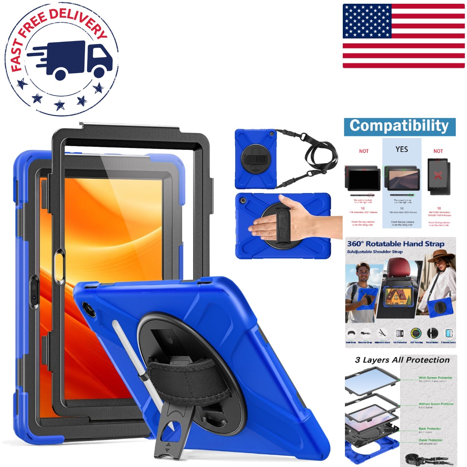 All-in-One Protection: 10.1" 2023 Tablet Case with Adjustable Hand Strap - Blue