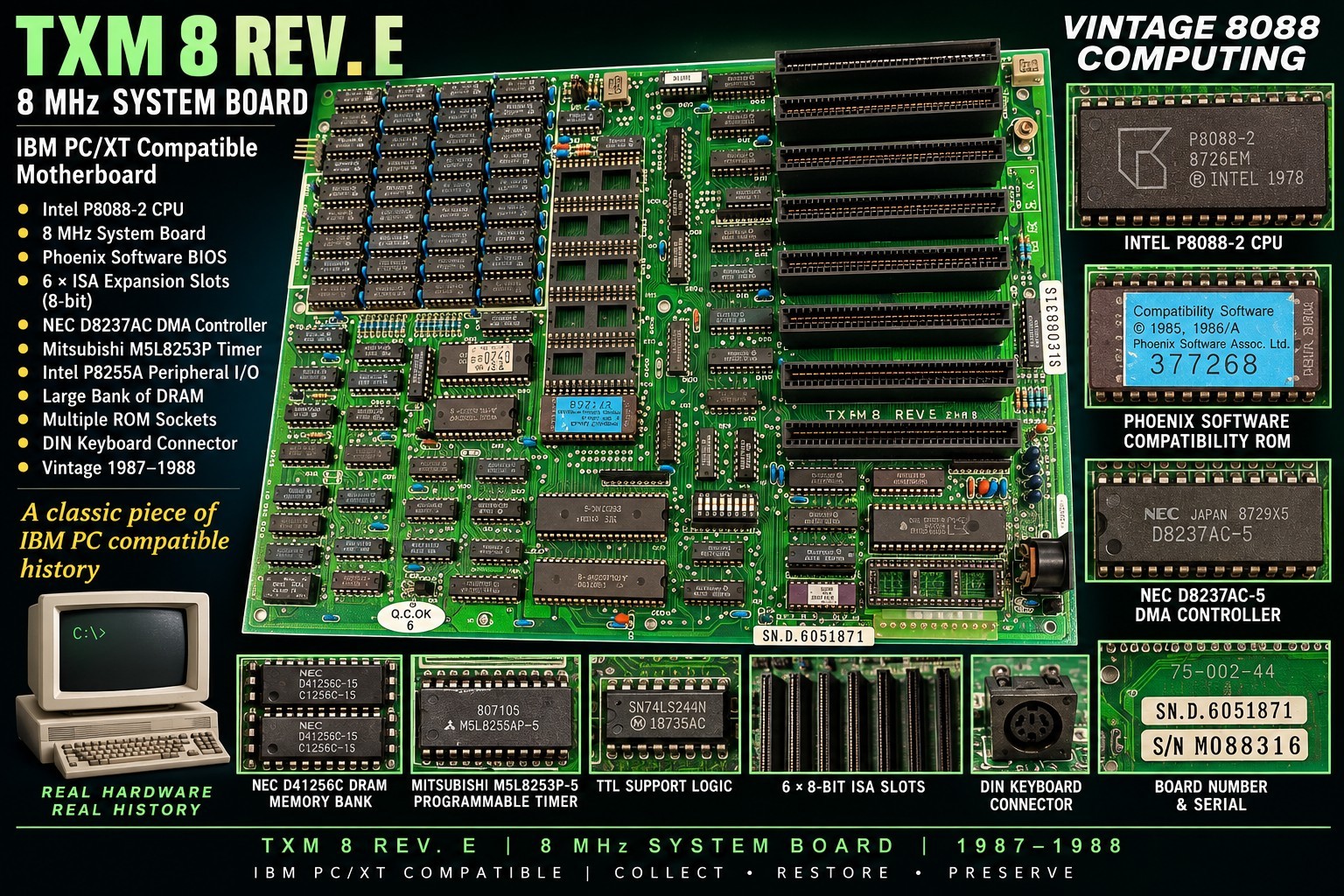 TXM 8 Rev E 8088 8MHz XT Motherboard Phoenix BIOS Vintage IBM PC Compatible