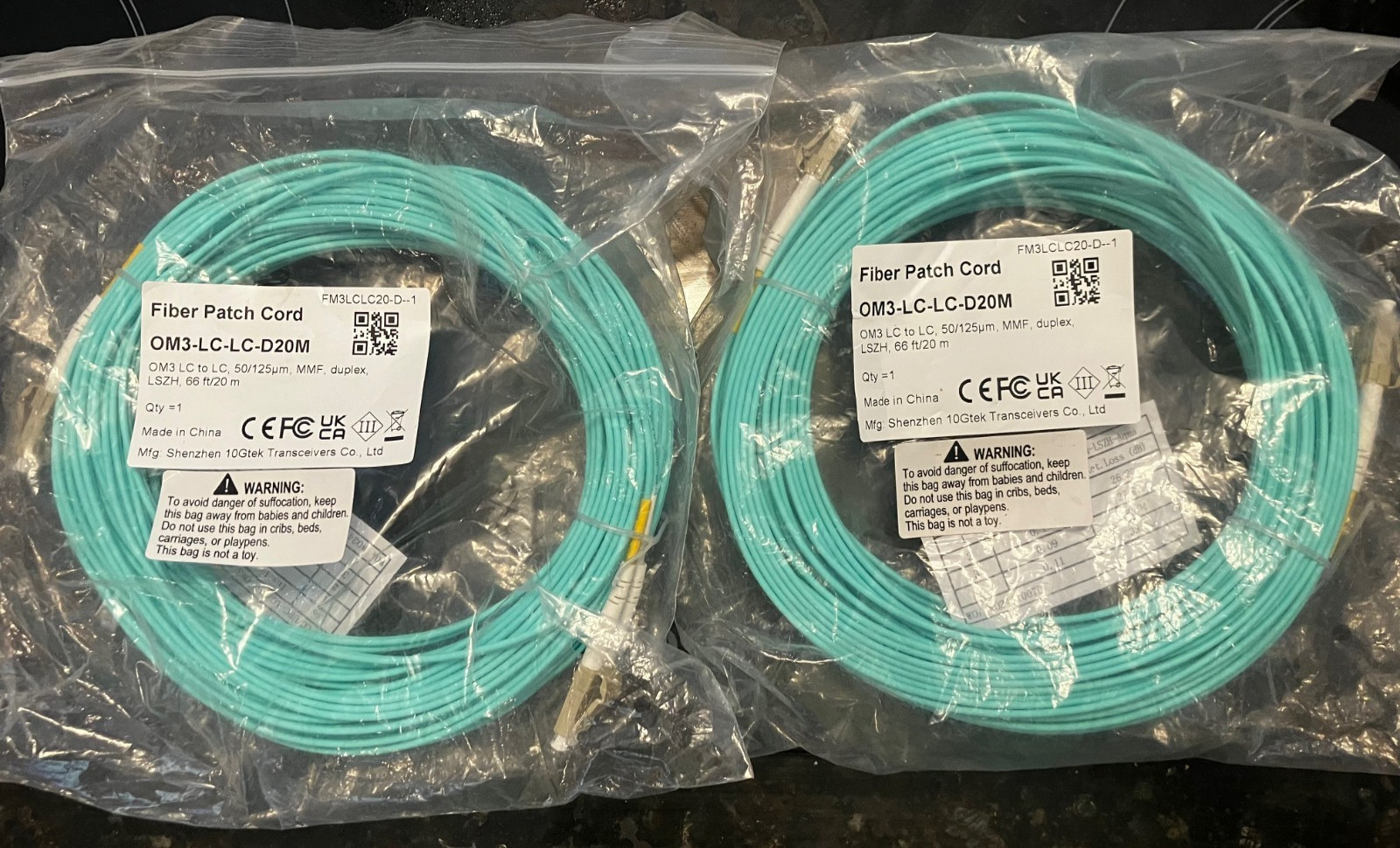 2 Two Pair OM3 Fiber Optic Patch Cables Multi-Mode Jumper Duplex 20 M 66 Ft LSZH