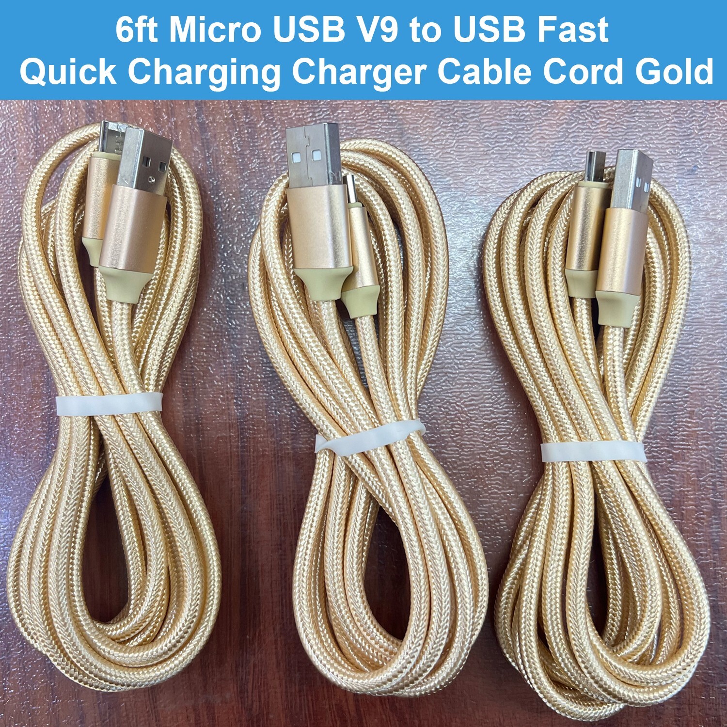 3 Pack 6ft Micro USB V9 to USB Fast Quick Charging Charger Cable Cord Gold