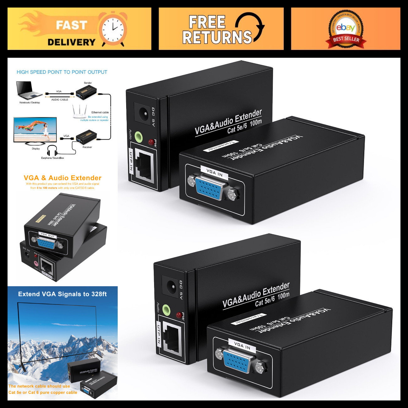 2 Pack VGA Extender Over Cat6/Cat5e Cable - 328ft/100M Long Distance Video Trans