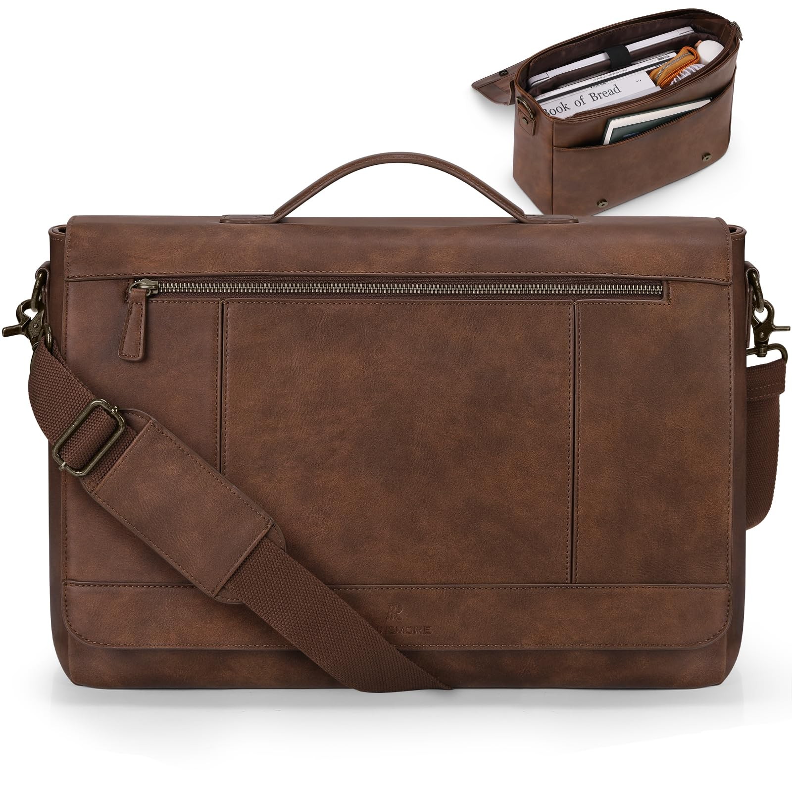 RAINSMORE Leather Messenger Bag for Men, 15.6 Inch Laptop inch, Brown