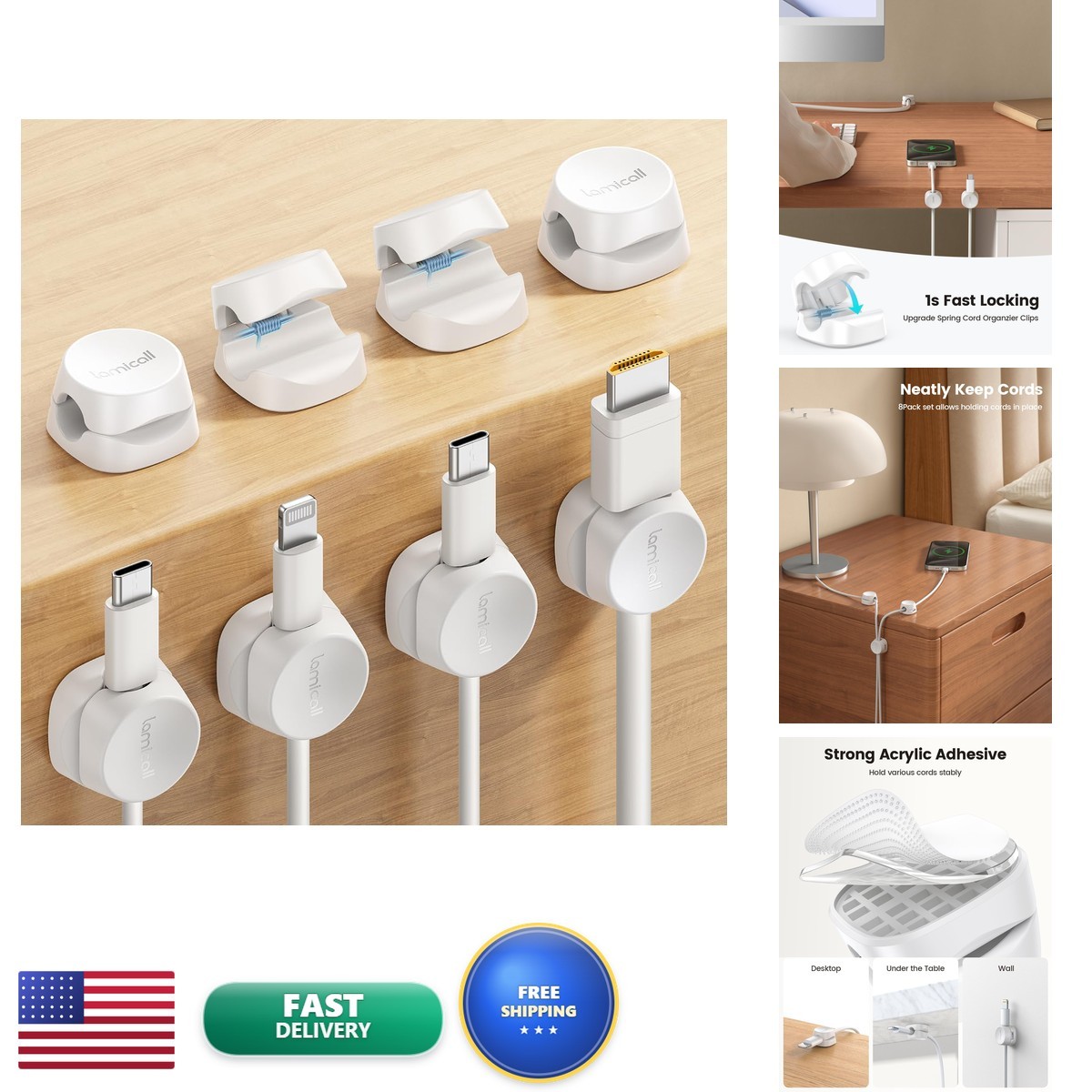 Lamicall 8 Pack Cord Organizer Cable Management Clips [1s Lock]