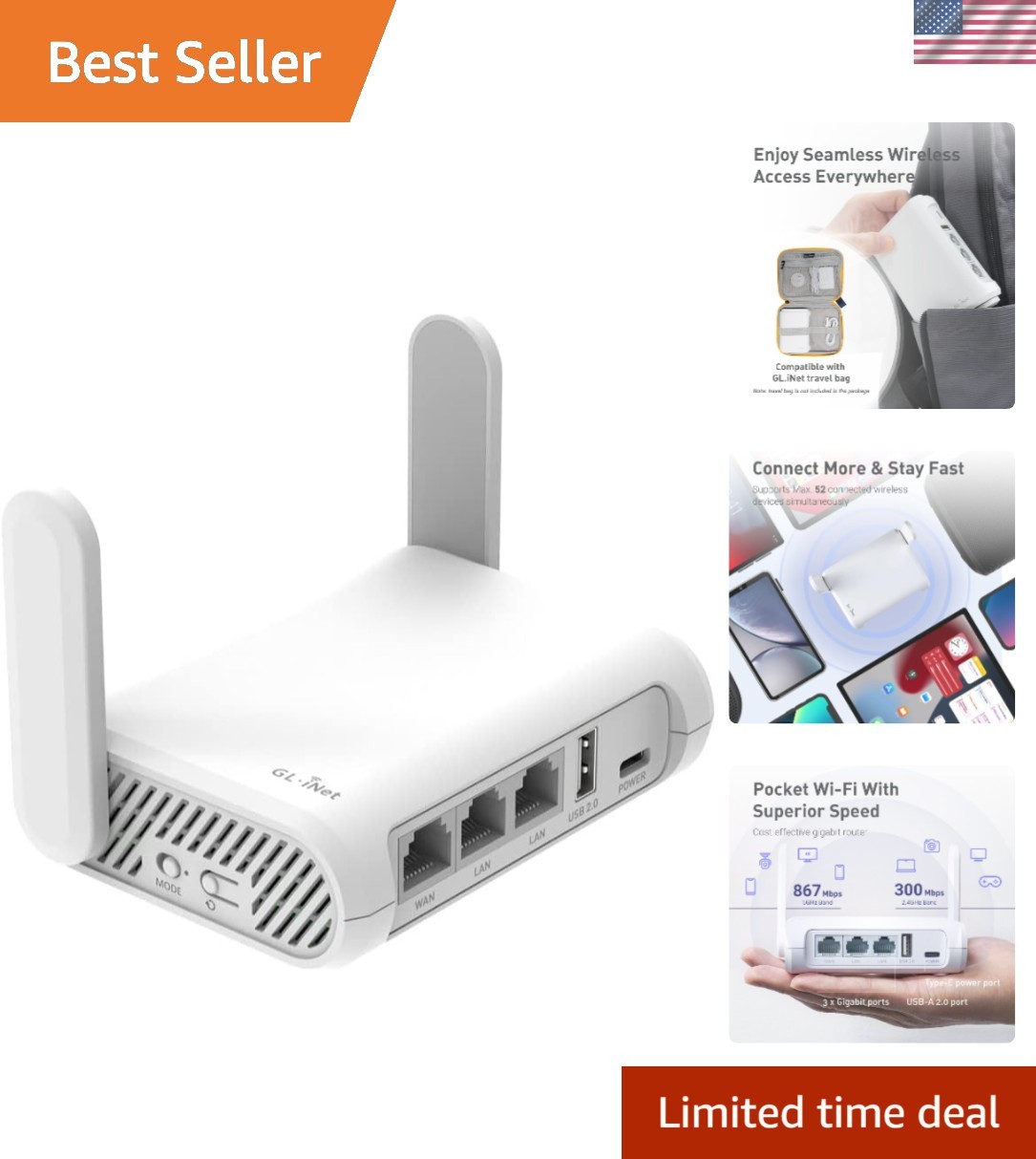 GL-Opal AC1200 Router - Travel-Friendly Dual-Band Wi-Fi with Enhanced Security