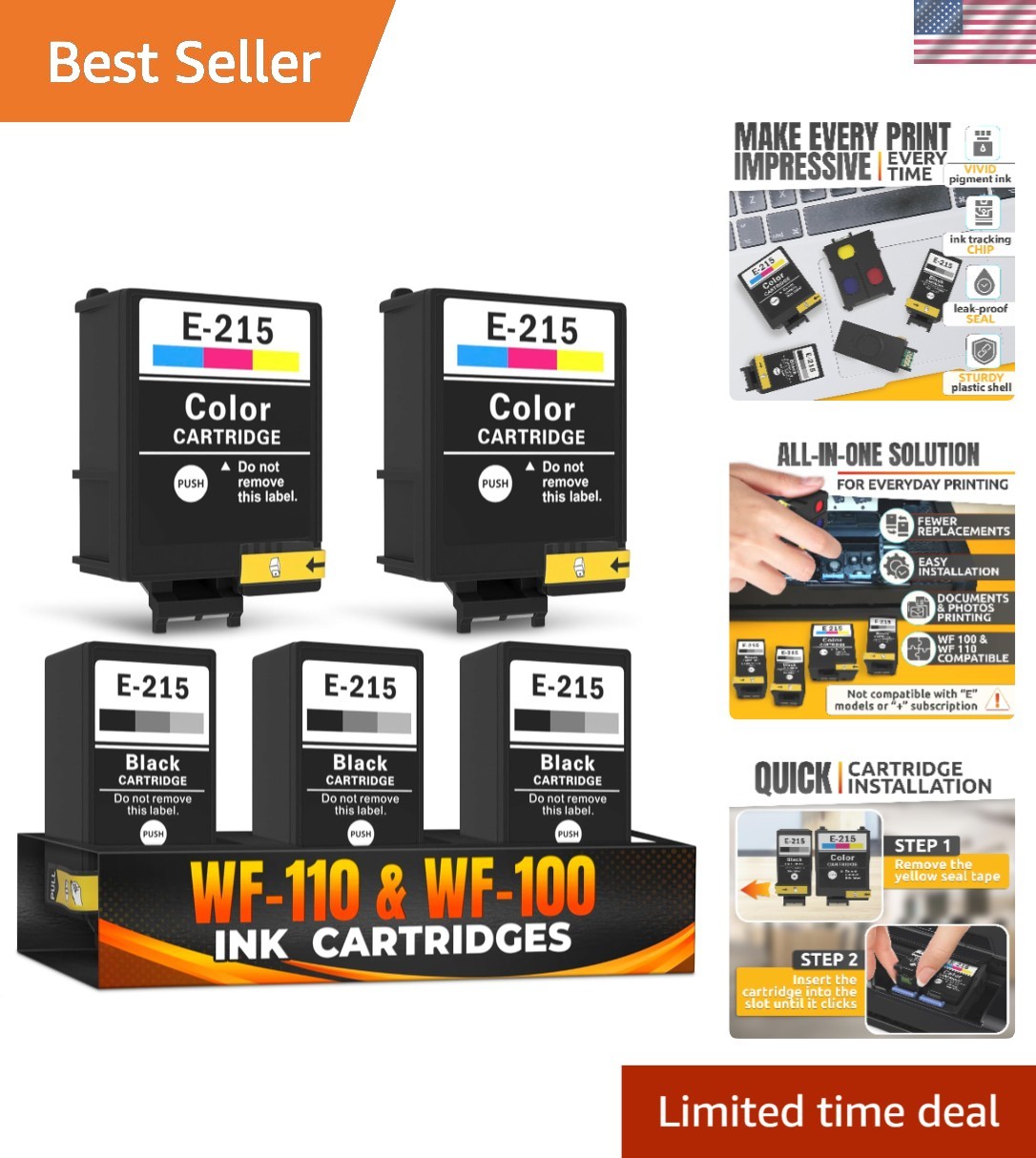5 Pcs 215 Ink Cartridge Replacements, 3 Black and 2 Tri-Color Combo
