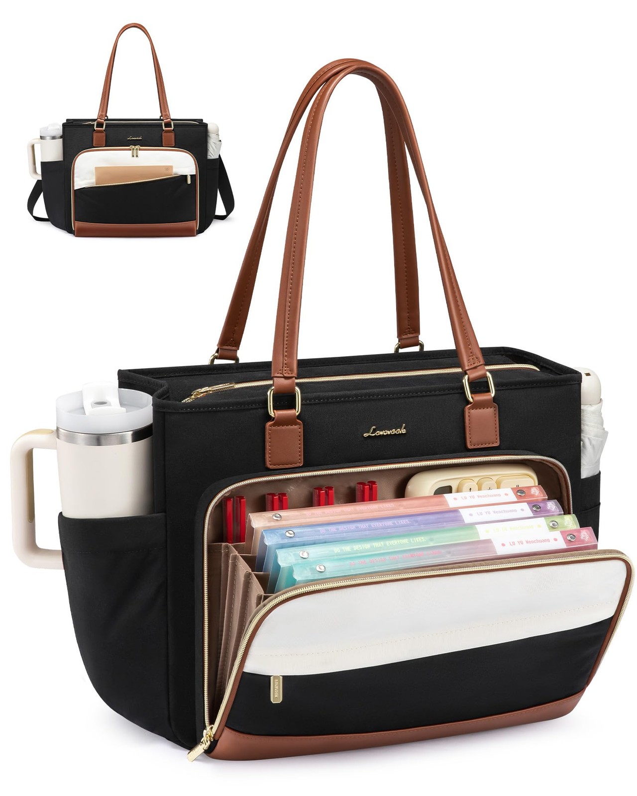 LOVEVOOK Teacher Tote Bag, 15.6 Inch Laptop Bag, Black-Beige-Brown