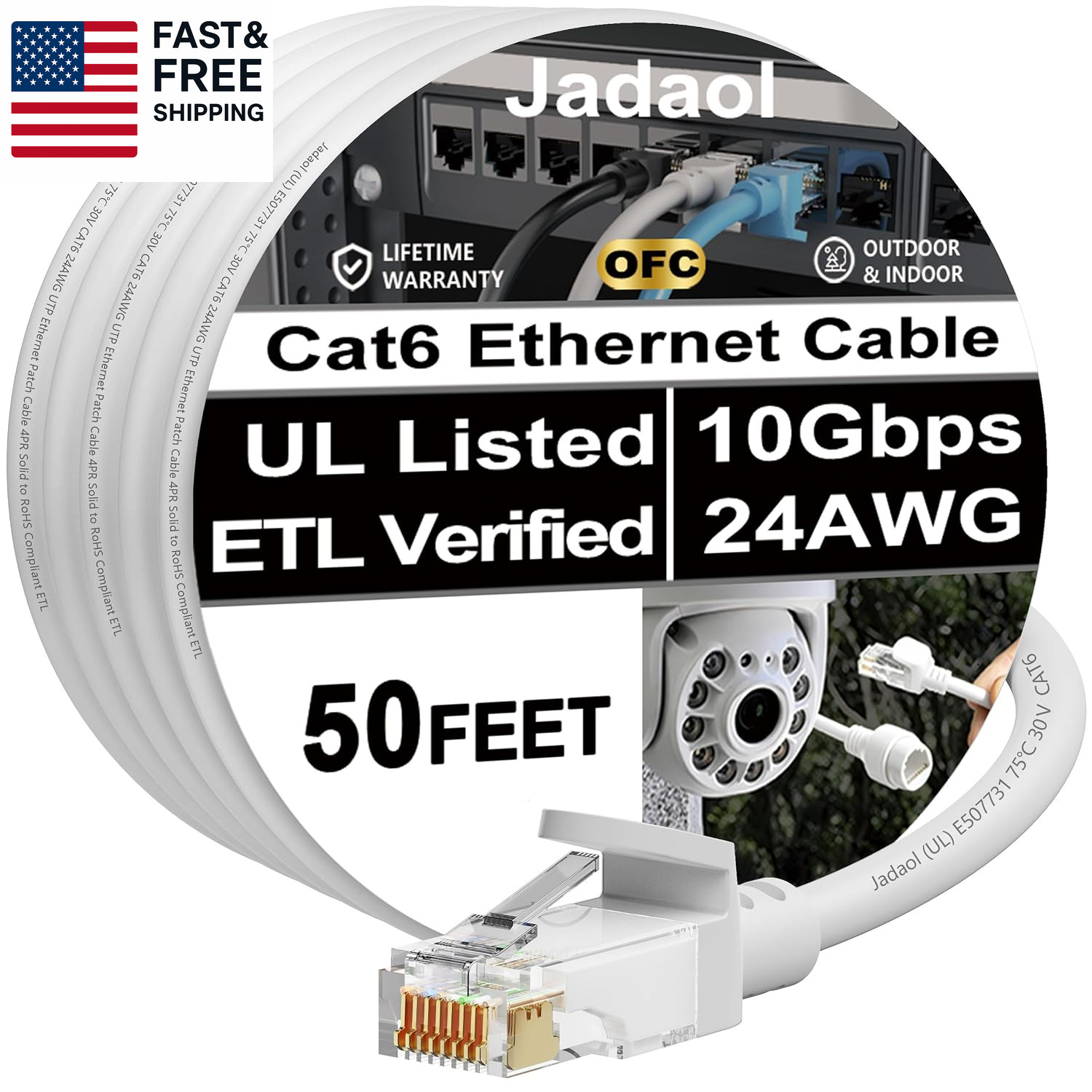 [UL Listed] Snagless Cat6 Ethernet Cable 50 Ft 10Gbps, Poe++, White