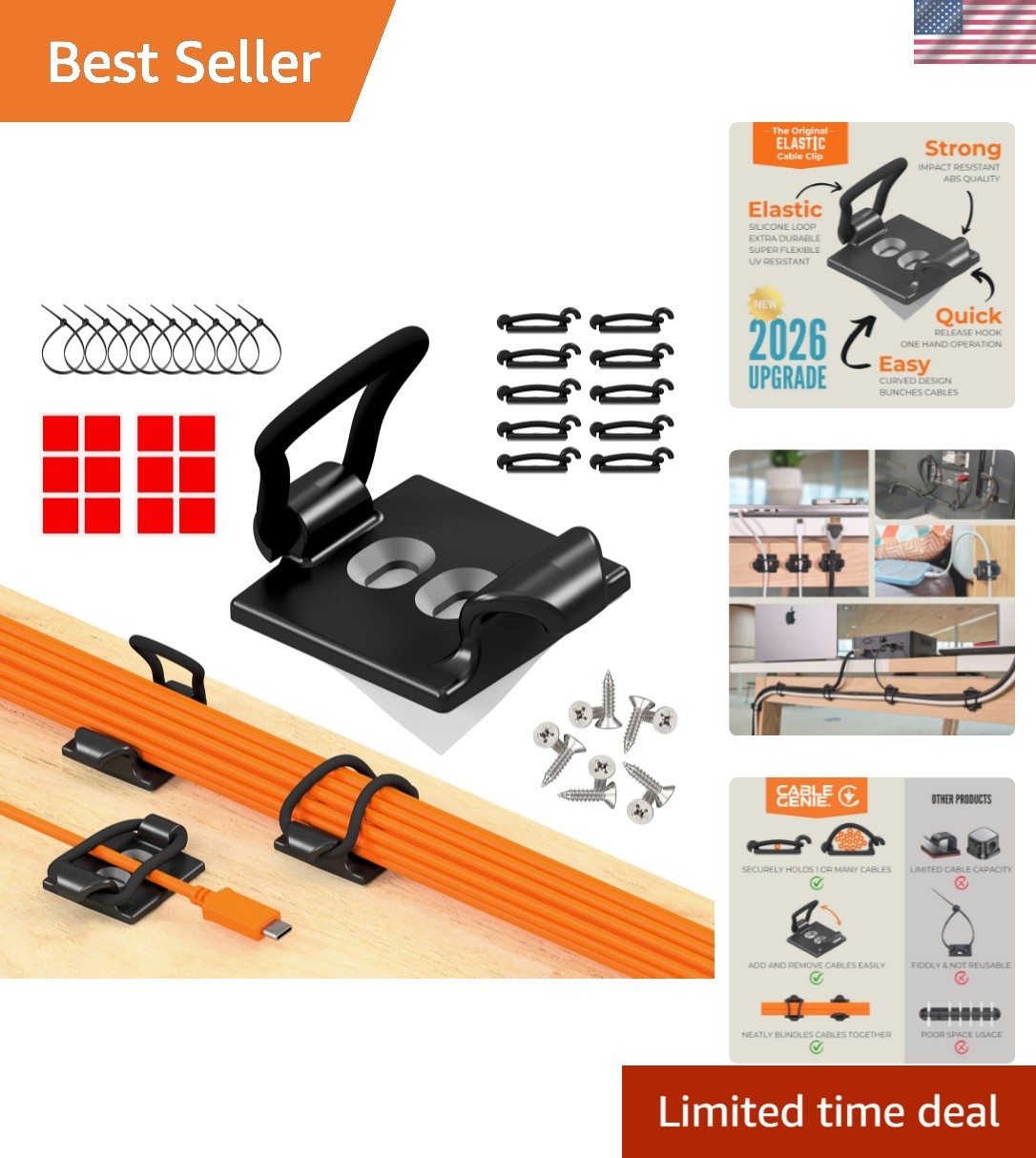Made in the UK] 10-Pack Adjustable Elastic Adhesive Cable Clips, Wire Managem...