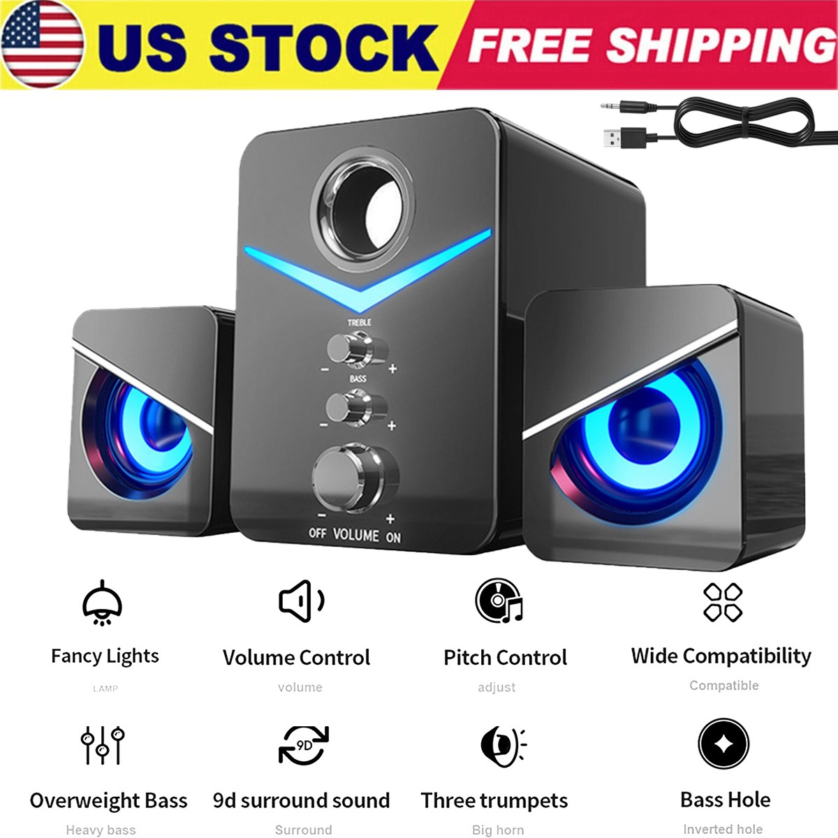 3.5mm RGB LED Mini USB Wired Computer Speakers Stereo Bass For PC Laptop Desktop
