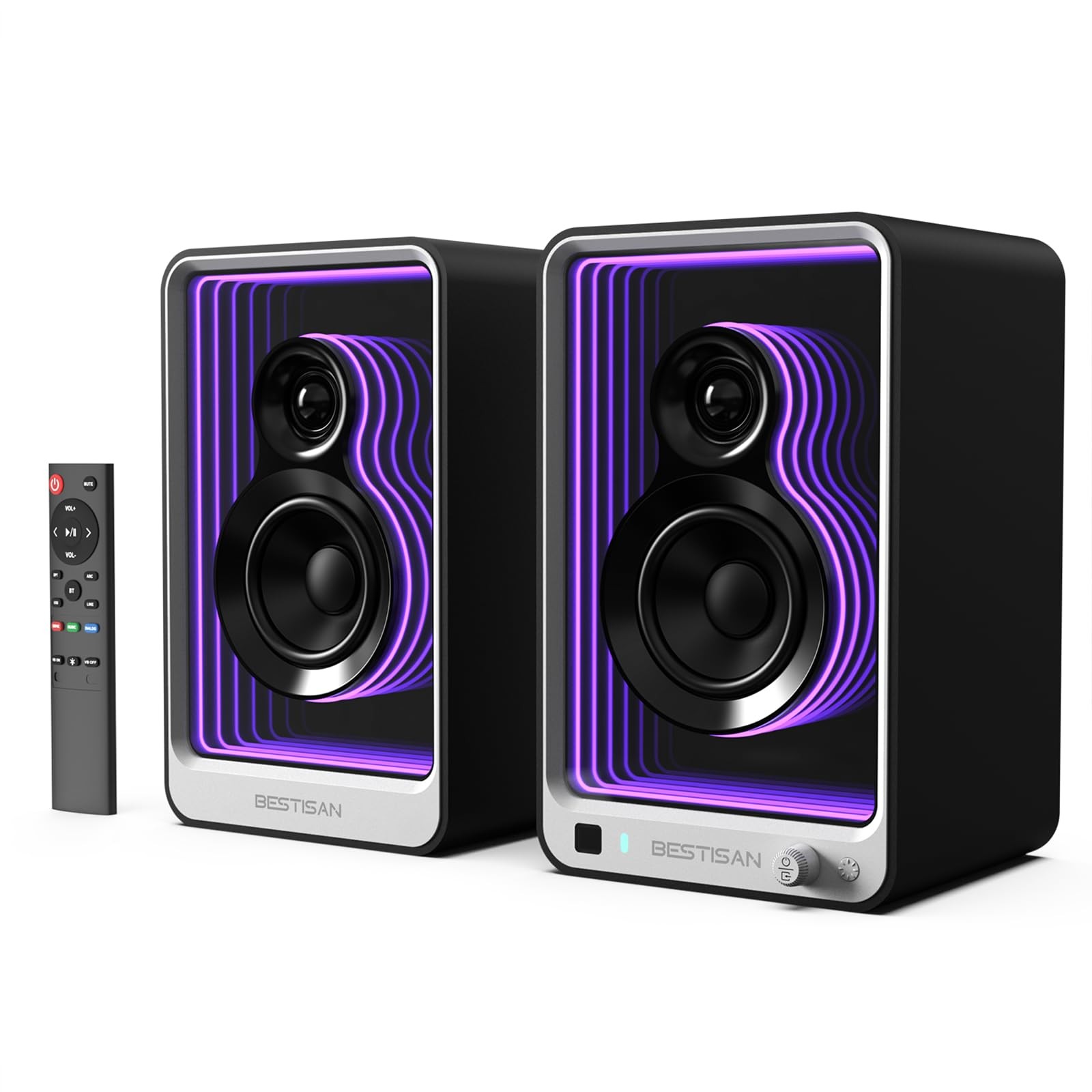 BESTISAN 50W*2 Active Bookshelf Speakers with Dynamic Light Effect, 3" Black