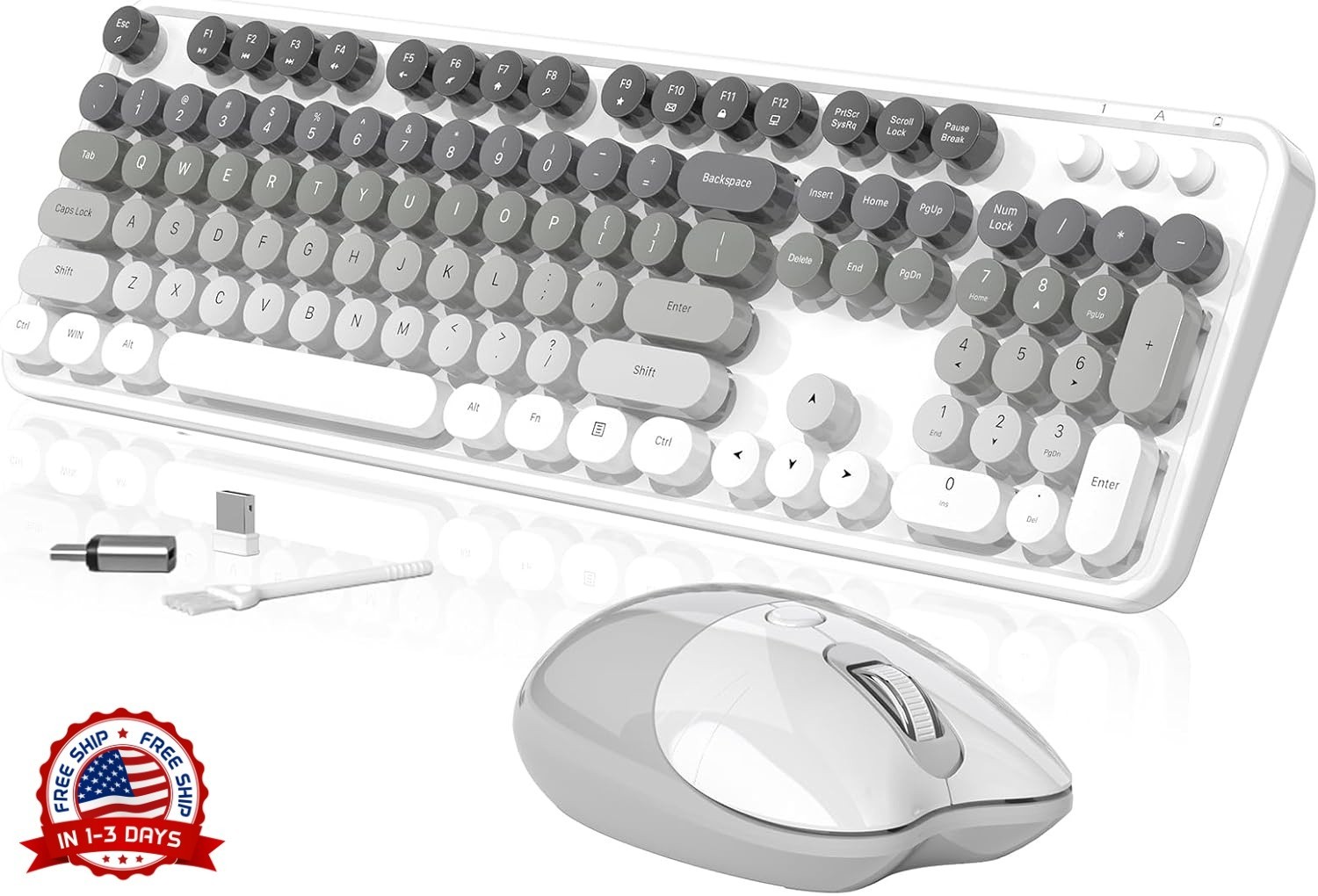 Teclado y ratón inalámbricos,104teclas redondas estilo máquina de escribir retro