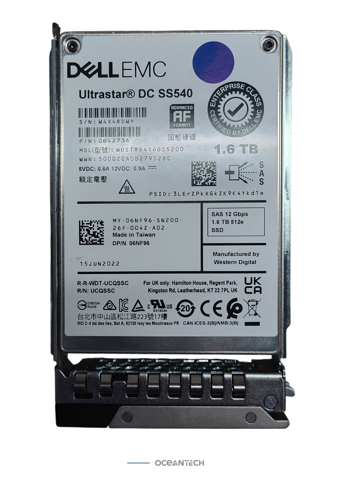 6NF96 Dell 1.6TB SAS 12Gb/s Mix Use 2.5in SSD 06NF96 WUSTR6416BSS200 80%+ Health